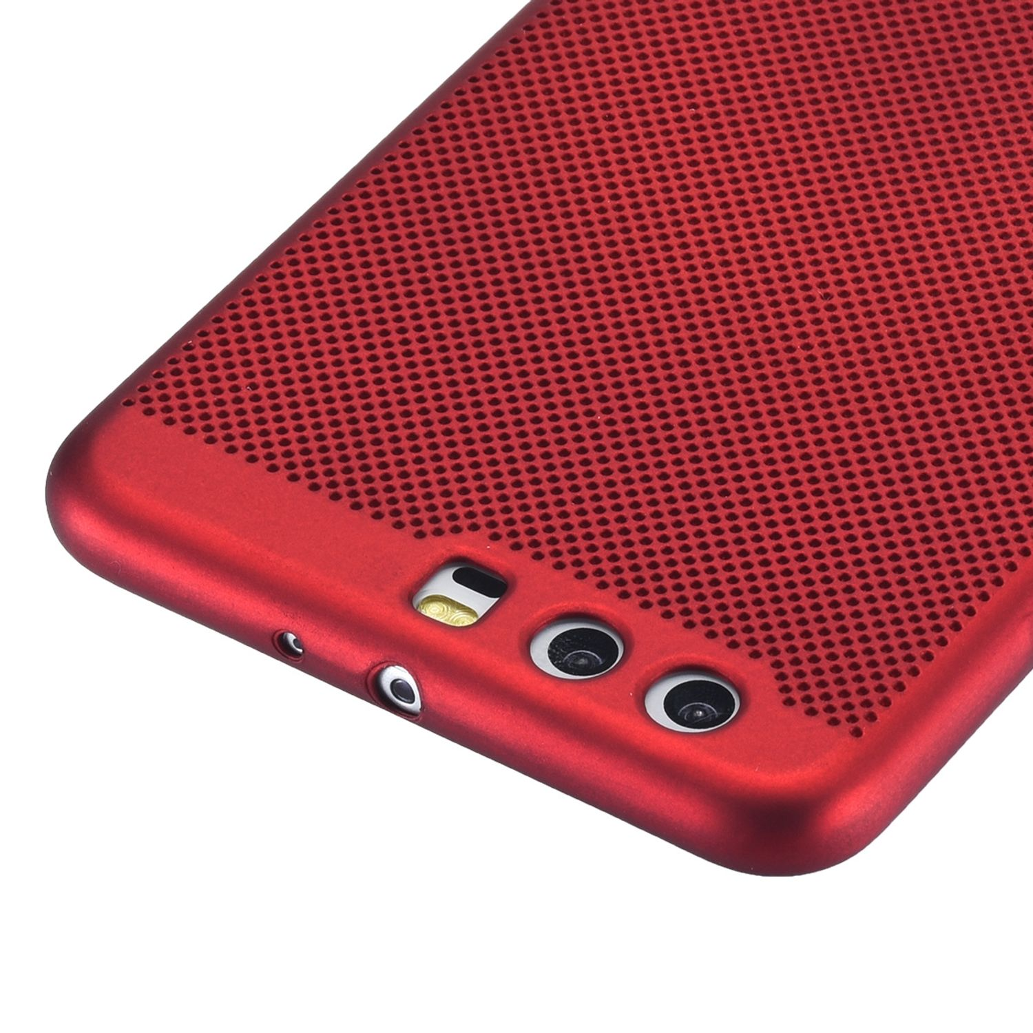 Die Rückseite einer roten Handyhülle mit perforiertem Design, die Kameralöcher und einen Ladeanschluss zeigt.
