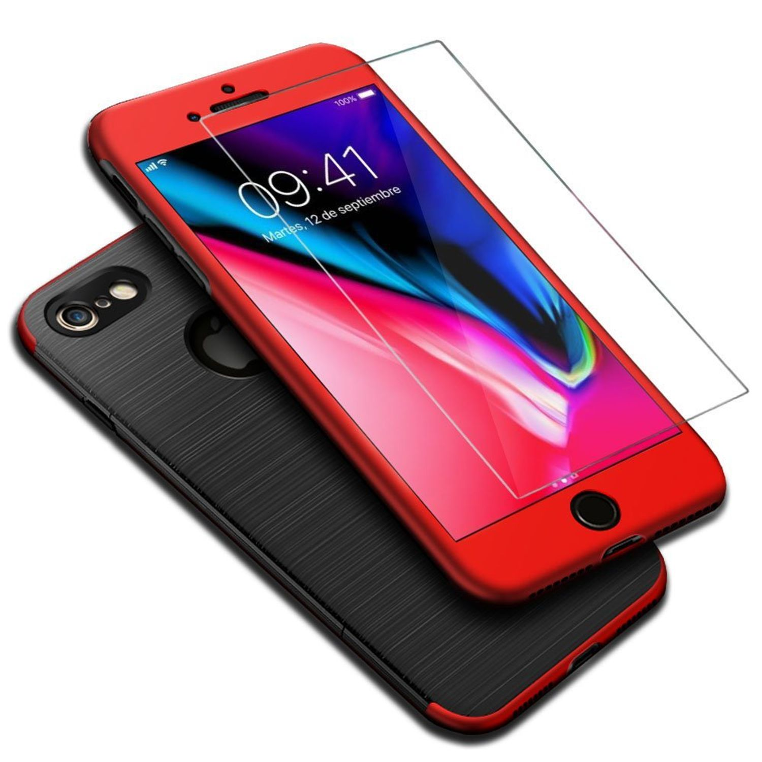 Rotes Telefon mit Hülle und Displayschutz. Das Telefon befindet sich vor einer anderen Hülle.