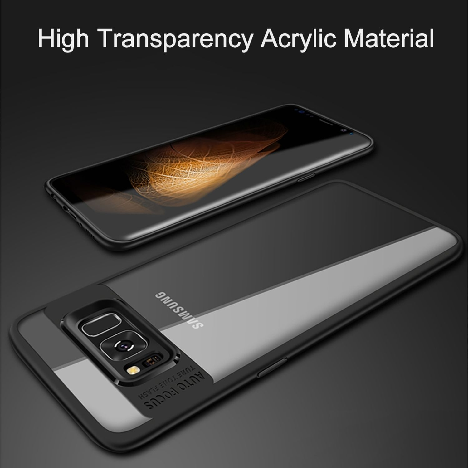 Telefon in einer transparenten Hülle. Die Rückseite zeigt Kamera und Samsung-Logo.