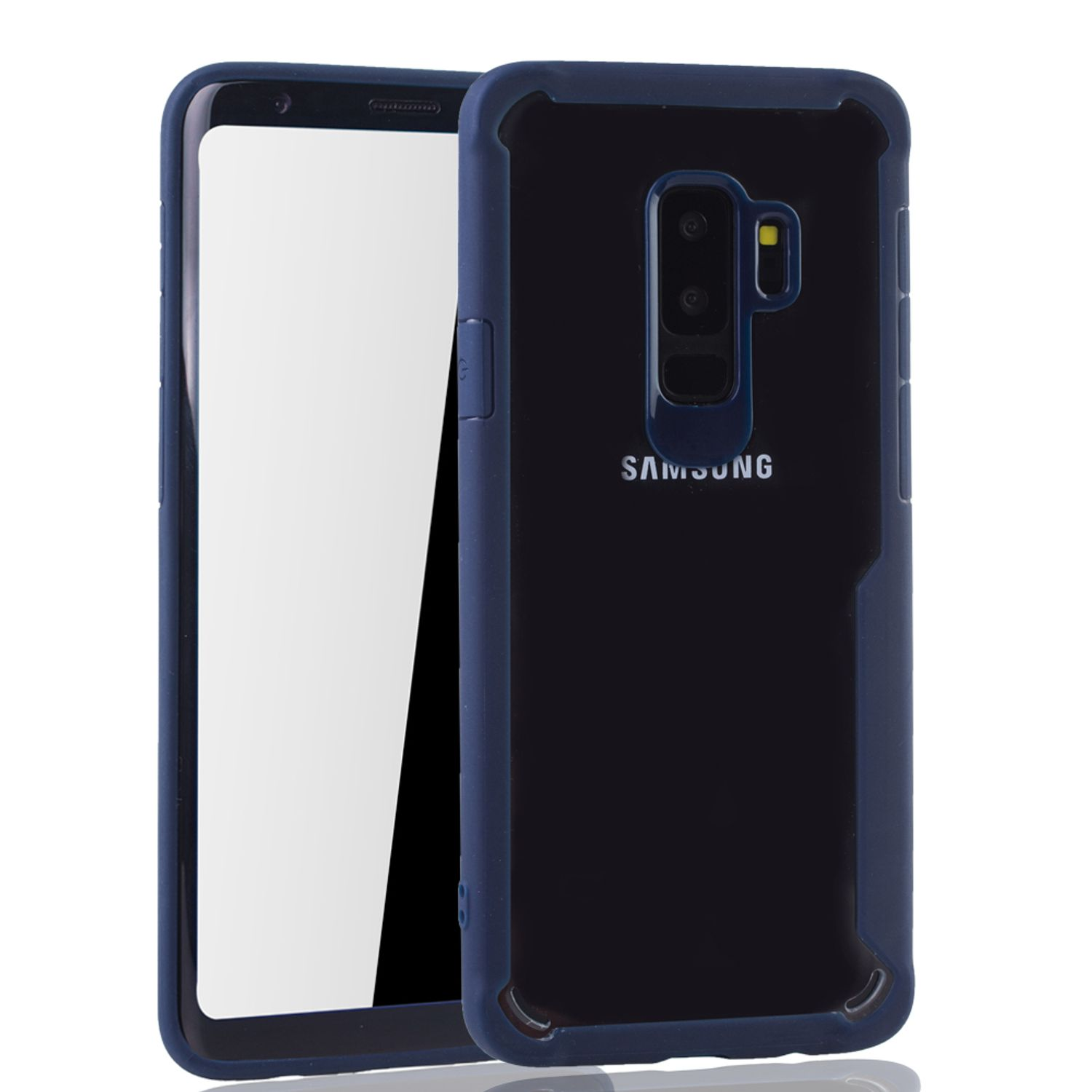 Eine dunkelblaue Handyhülle mit schwarzem Bildschirm und dem Samsung-Logo.