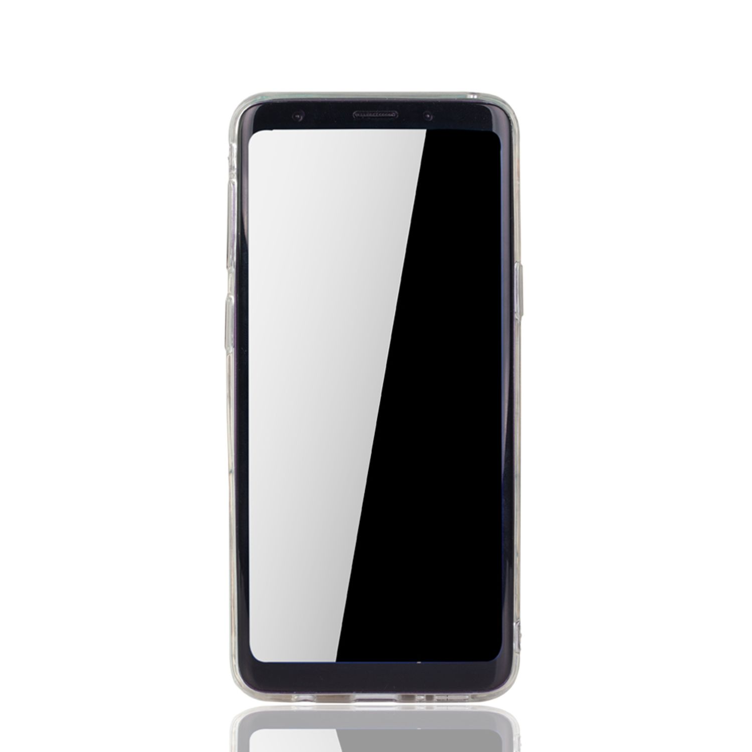 Smartphone in einer transparenten Hülle. Schwarzer Bildschirm. Weißer Hintergrund.