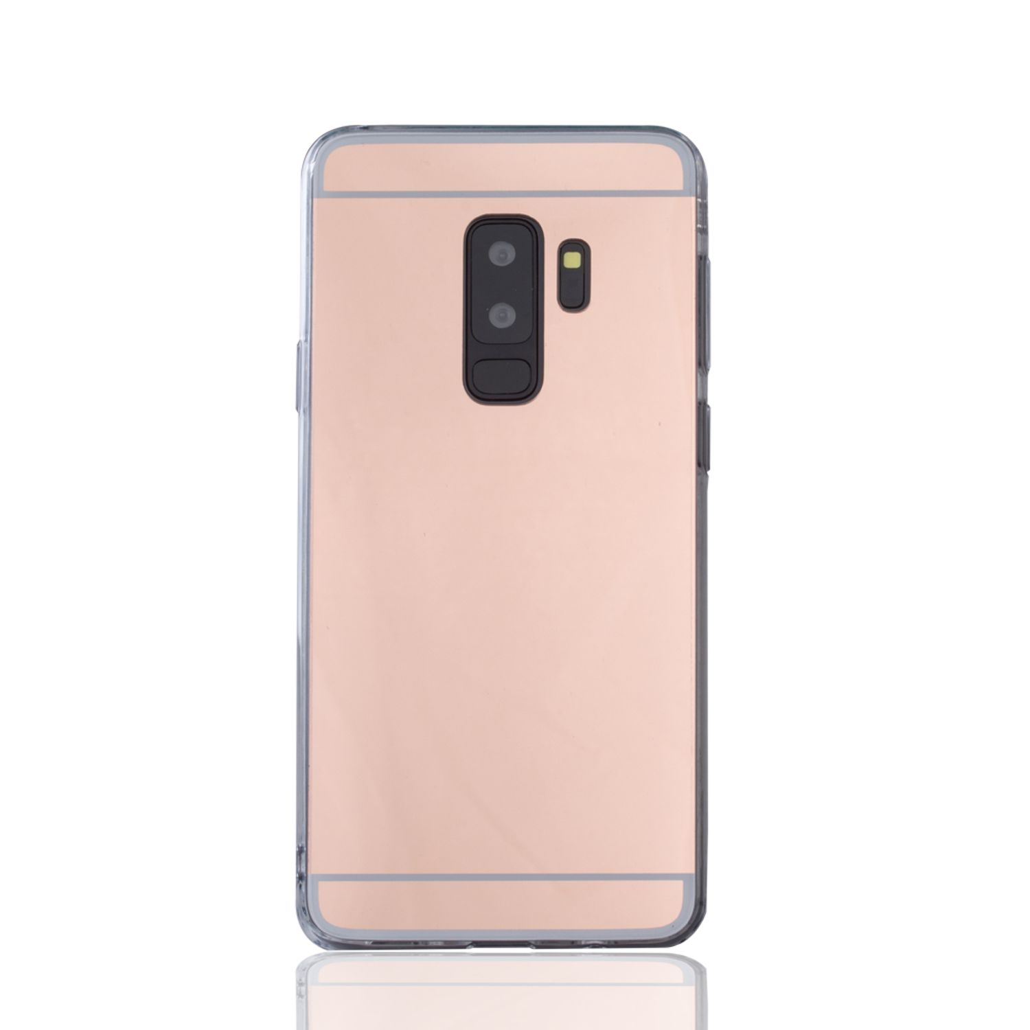Roségoldenes Telefonrückteil mit Dual-Kamera und kleiner Kamera. Transparente Hülle. Weißer Hintergrund, mit Spiegelung.