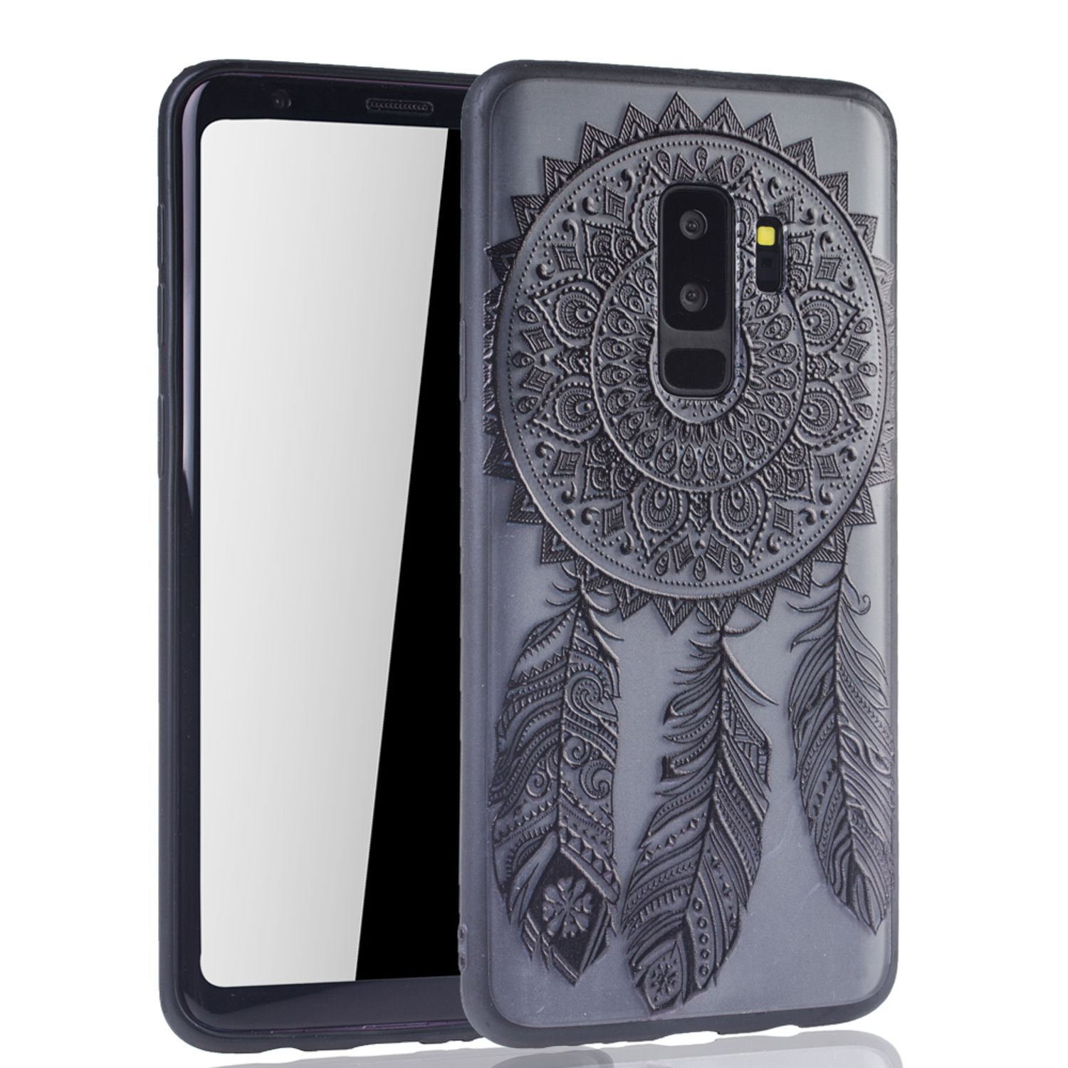 Eine Handyhülle mit einem Traumfänger-Design. Es ist grau. Ein Telefon befindet sich daneben. Weißer Hintergrund.