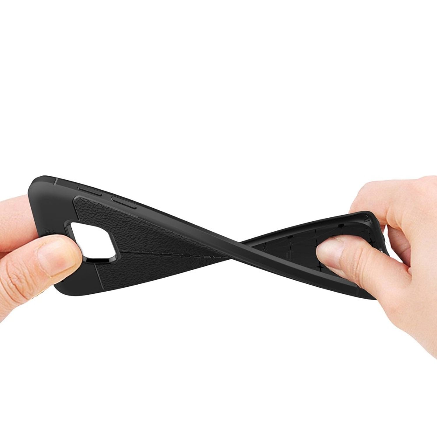 Hände halten eine schwarze, flexible Handyhülle und zeigen ihre Flexibilität.