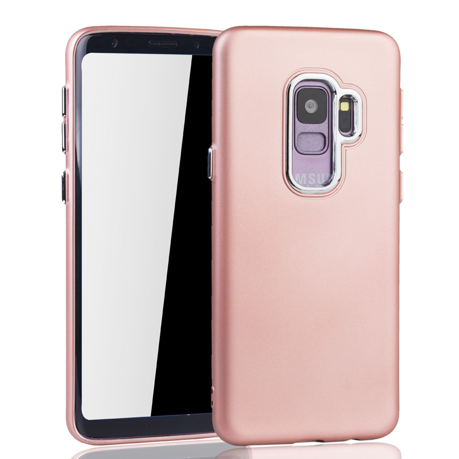 Eine pinke Handyhülle mit einem Telefon darin, das den Bildschirm und Kameradetails zeigt.
