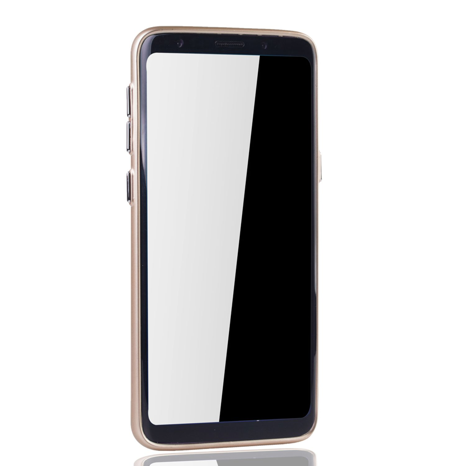 Goldenes Telefon mit leerem Bildschirm, nach rechts abgewinkelt, auf weißer Oberfläche mit Reflexion.