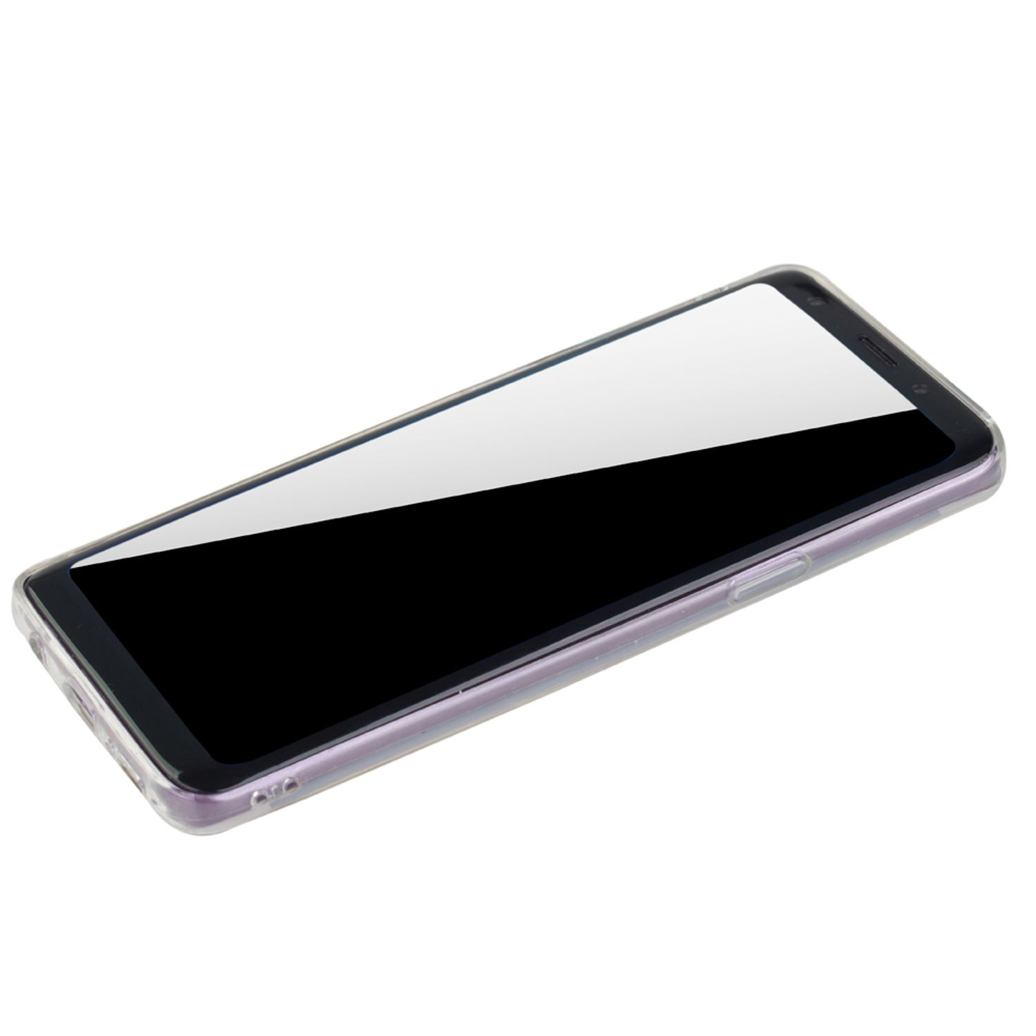 Smartphone mit schwarzem Bildschirm in einer transparenten Schutzhülle, isoliert auf weißem Grund.