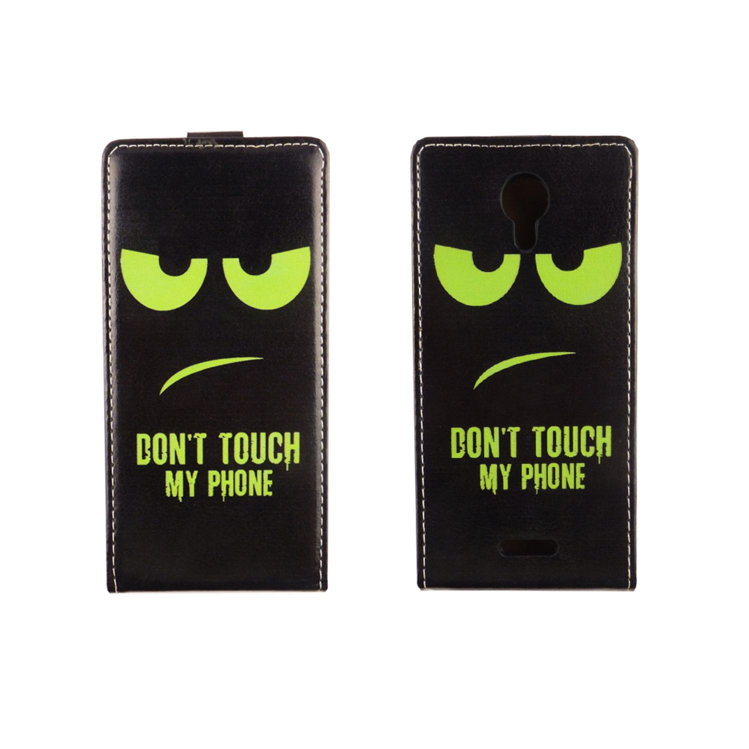 Schwarze Handyhülle mit grünen Augen und dem Text 'DON'T TOUCH MY PHONE'.