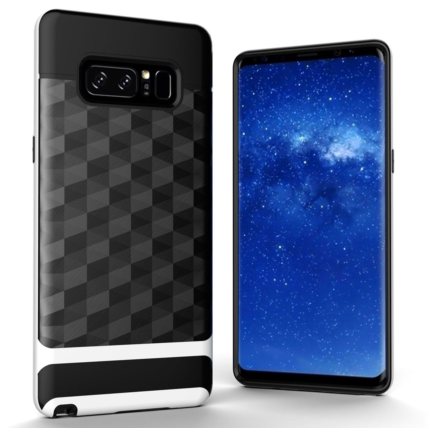 Handyhülle und Telefon. Hülle ist schwarz und weiß. Telefonbildschirm zeigt blaue Galaxie. Weißer Hintergrund.