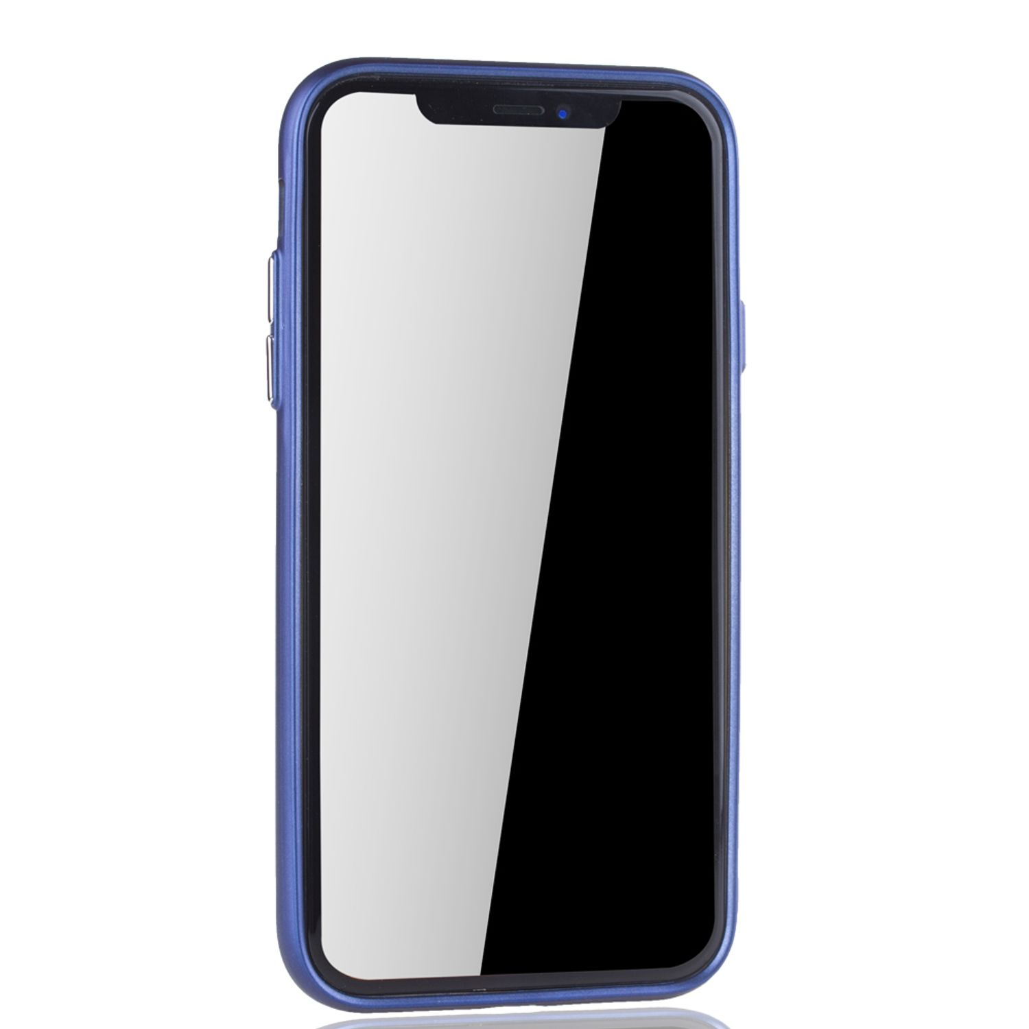 Blaue Handyhülle mit Displayschutz. Der Bildschirm des Telefons ist schwarz und reflektierend.