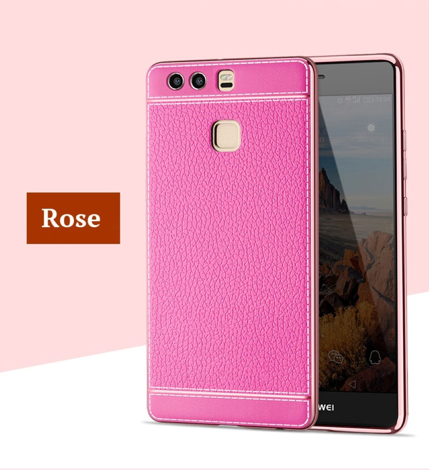 Rosa Handyhülle mit Nähten auf einem Telefon. Text 'Rose' links.