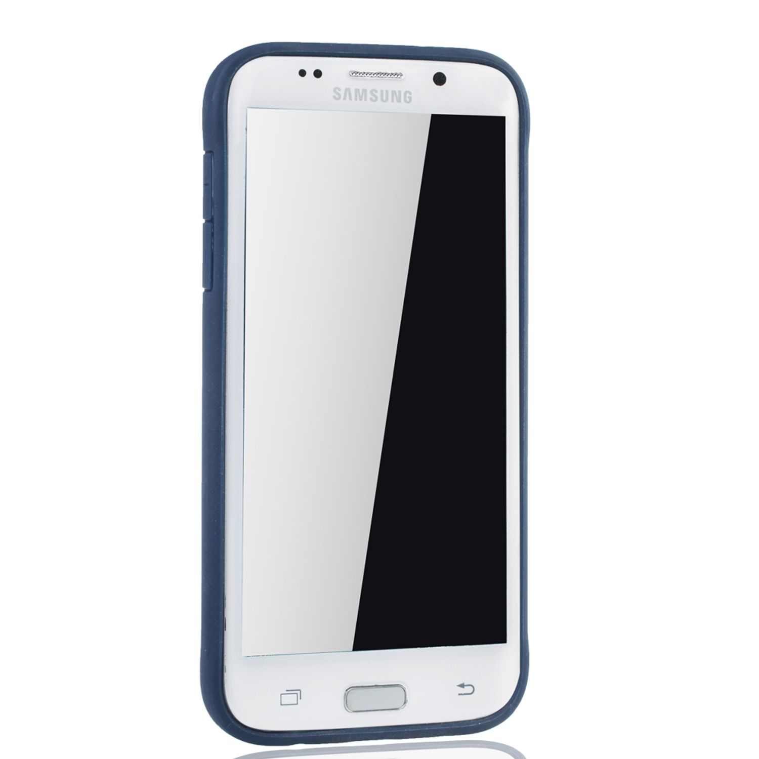 Ein weißes Samsung-Telefon mit blauem Gehäuse, isoliert auf weißem Hintergrund.