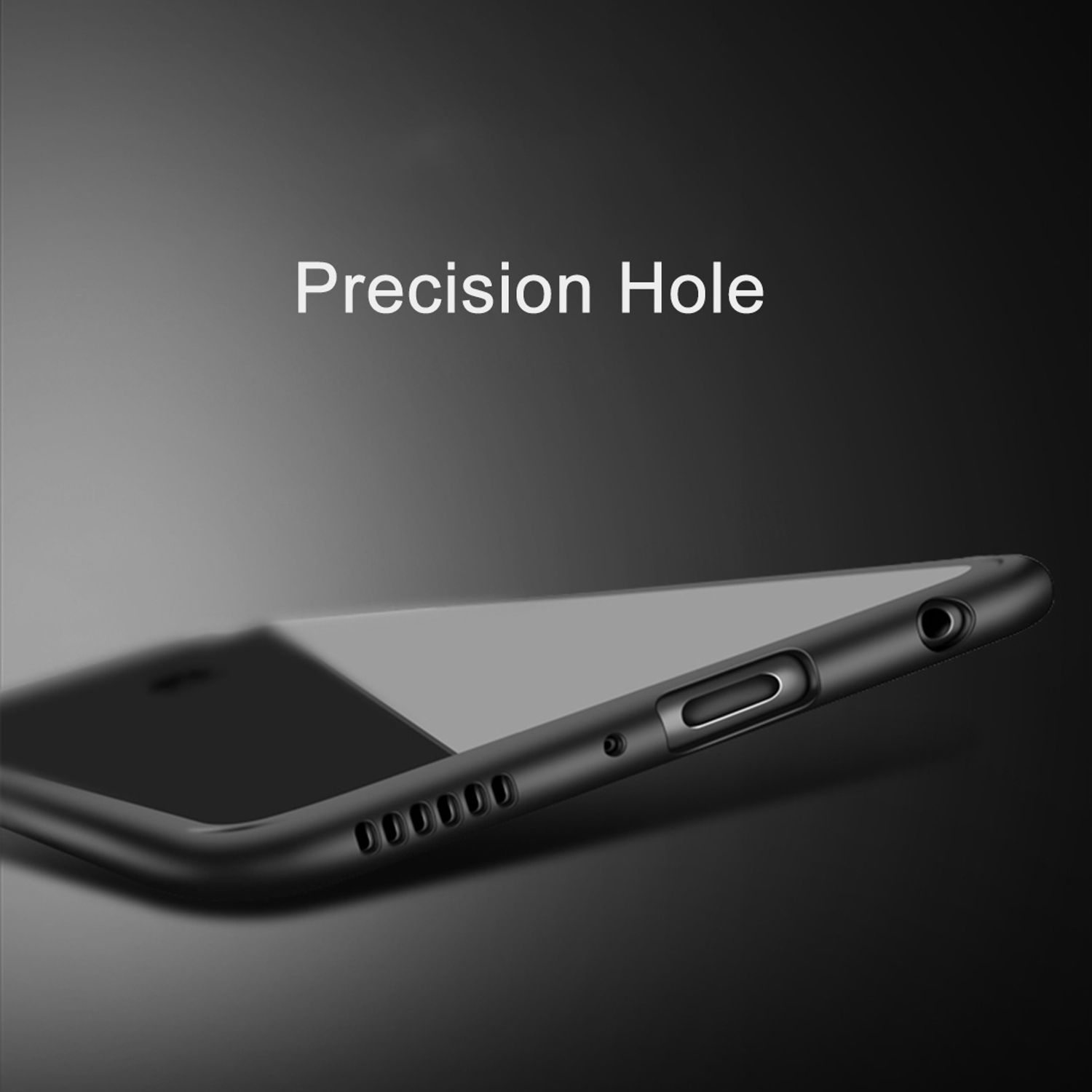 Schwarzes Telefon mit Präzisionsloch. Die Oberfläche ist schwarz.