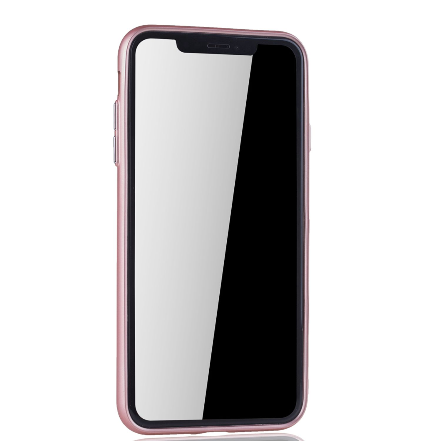 Ein roségoldenes Telefon mit schwarzem Bildschirm in einem roségoldenen Gehäuse auf weißem Untergrund.