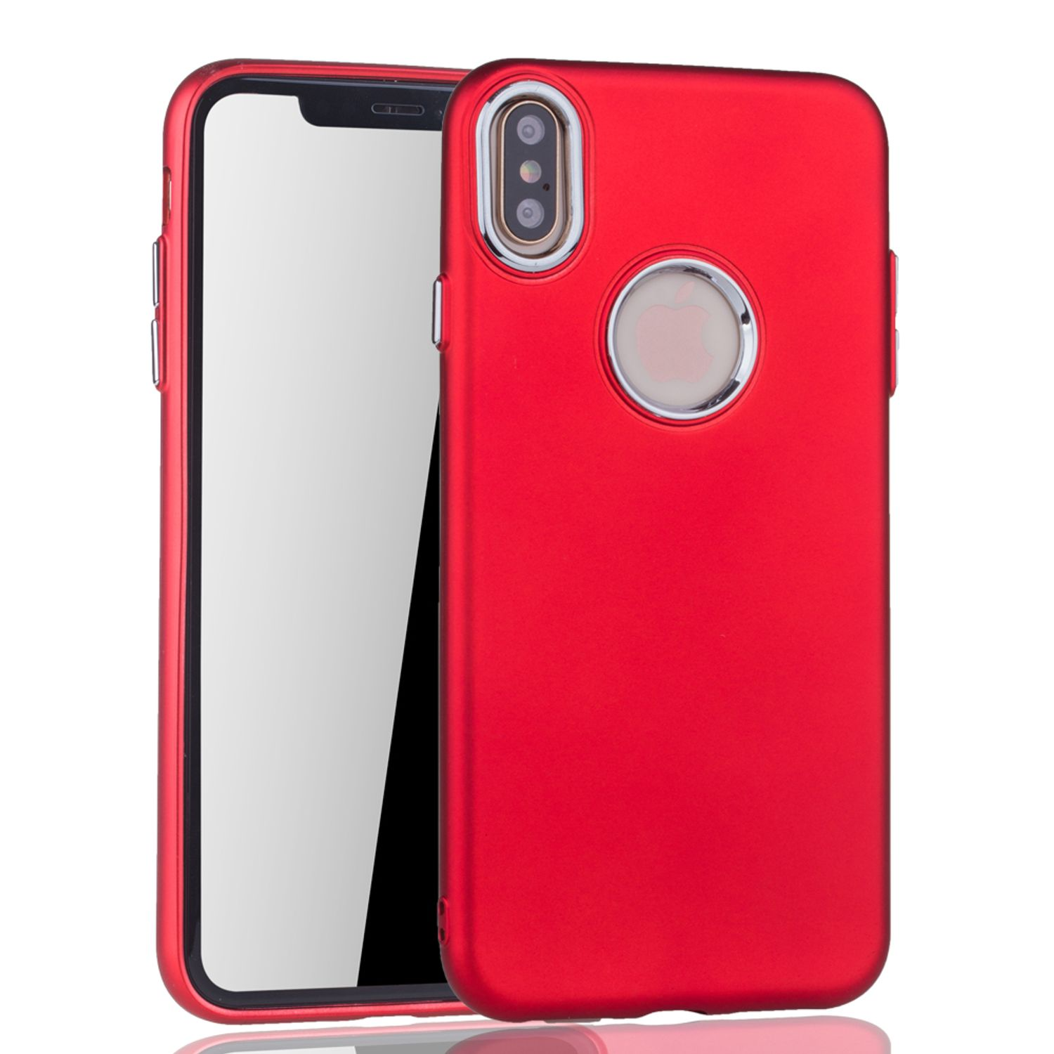 Ein rotes Telefon mit roter Hülle. Die Rückseite des Telefons ist sichtbar.