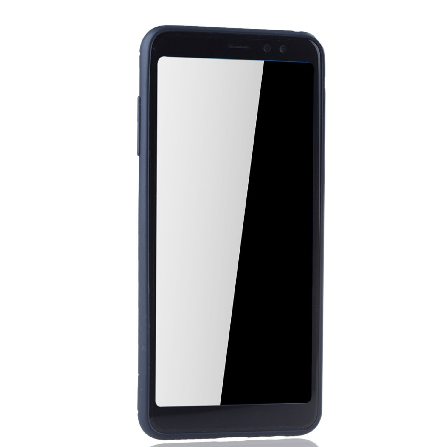 Schwarzes Telefon in blauem Gehäuse mit weißem Bildschirm. Das Gehäuse umschließt das Telefon.