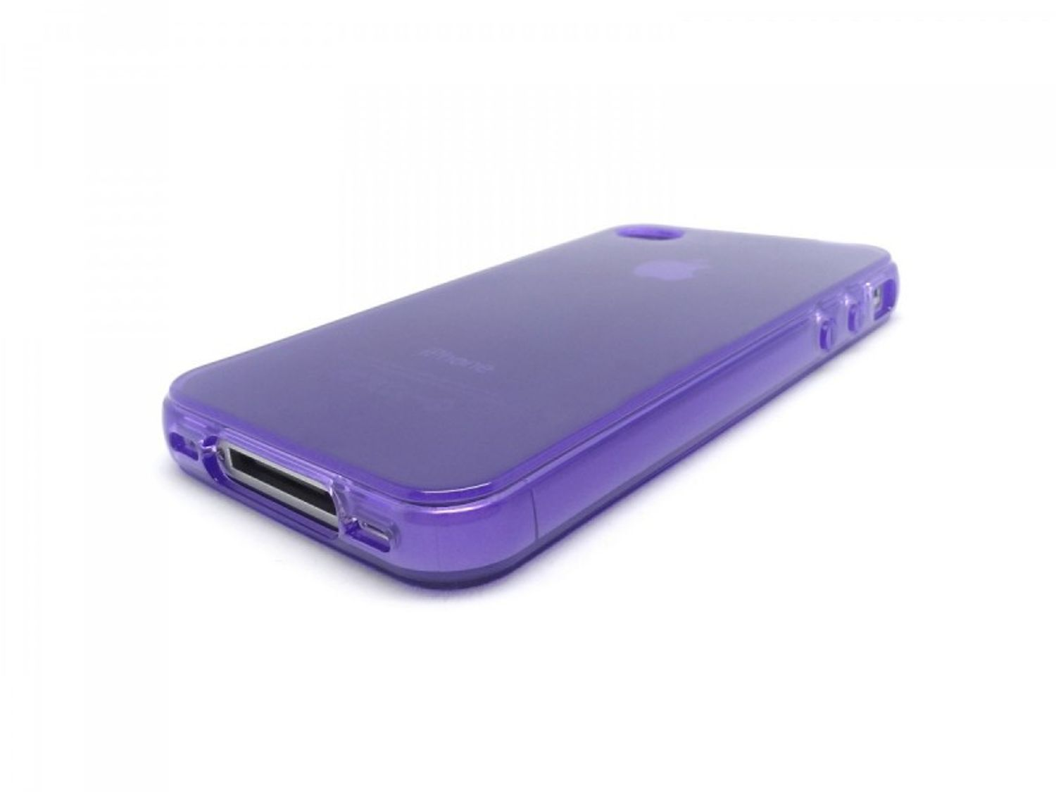 Lila iPhone-Hülle, schräge Ansicht, mit dem Apple-Logo sichtbar.