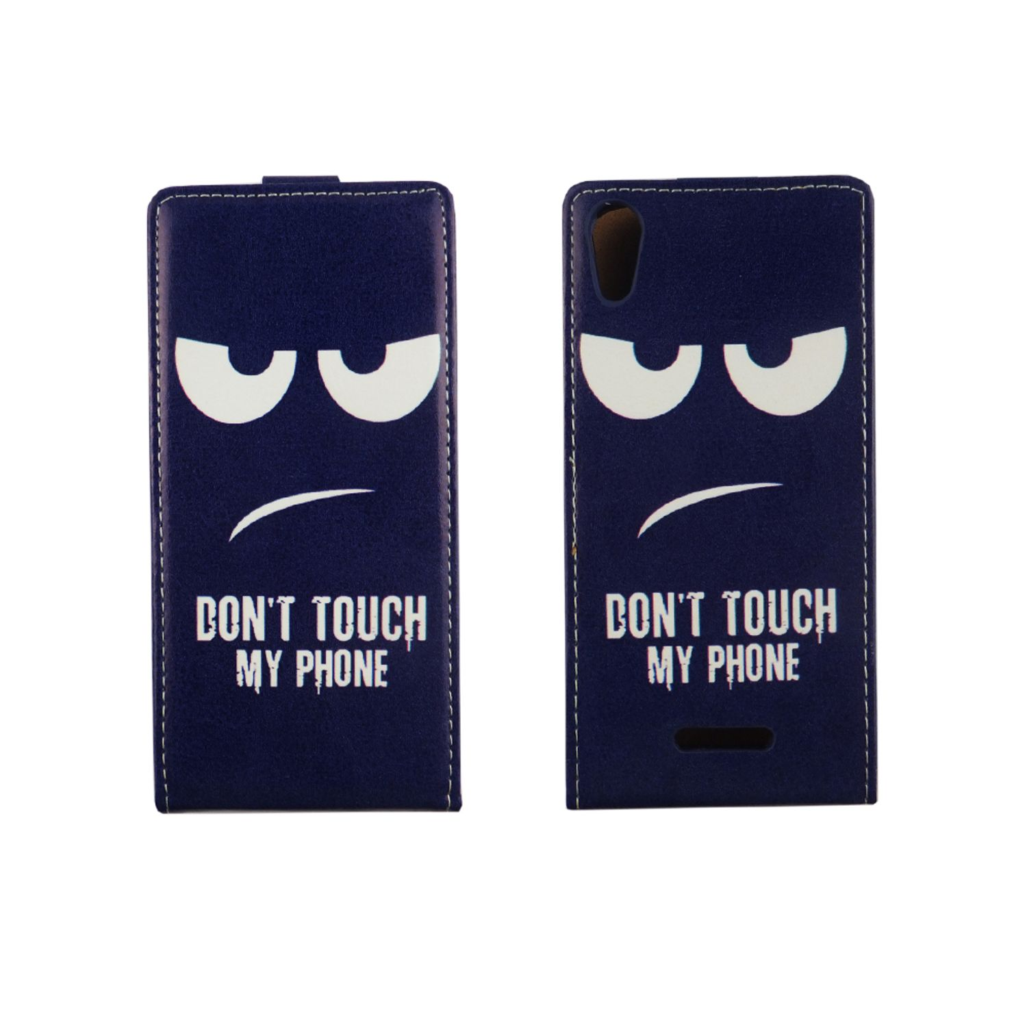 Zwei Handyhüllen mit Cartoon-Gesichtern und dem Text: 'Fass mein Handy nicht an'.