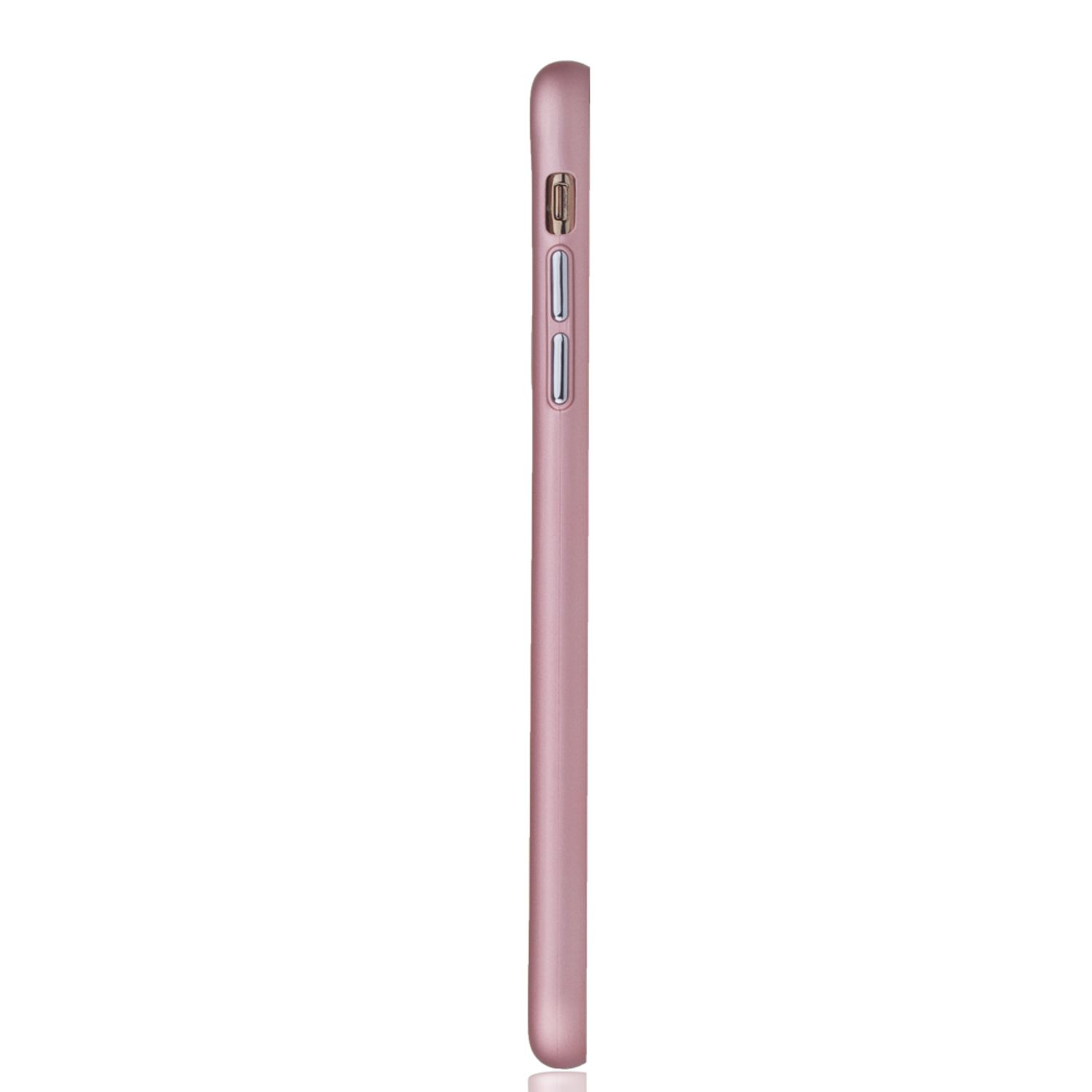 Seitenansicht einer rosa Handyhülle mit Knöpfen und Portdetails. Weißer Hintergrund.
