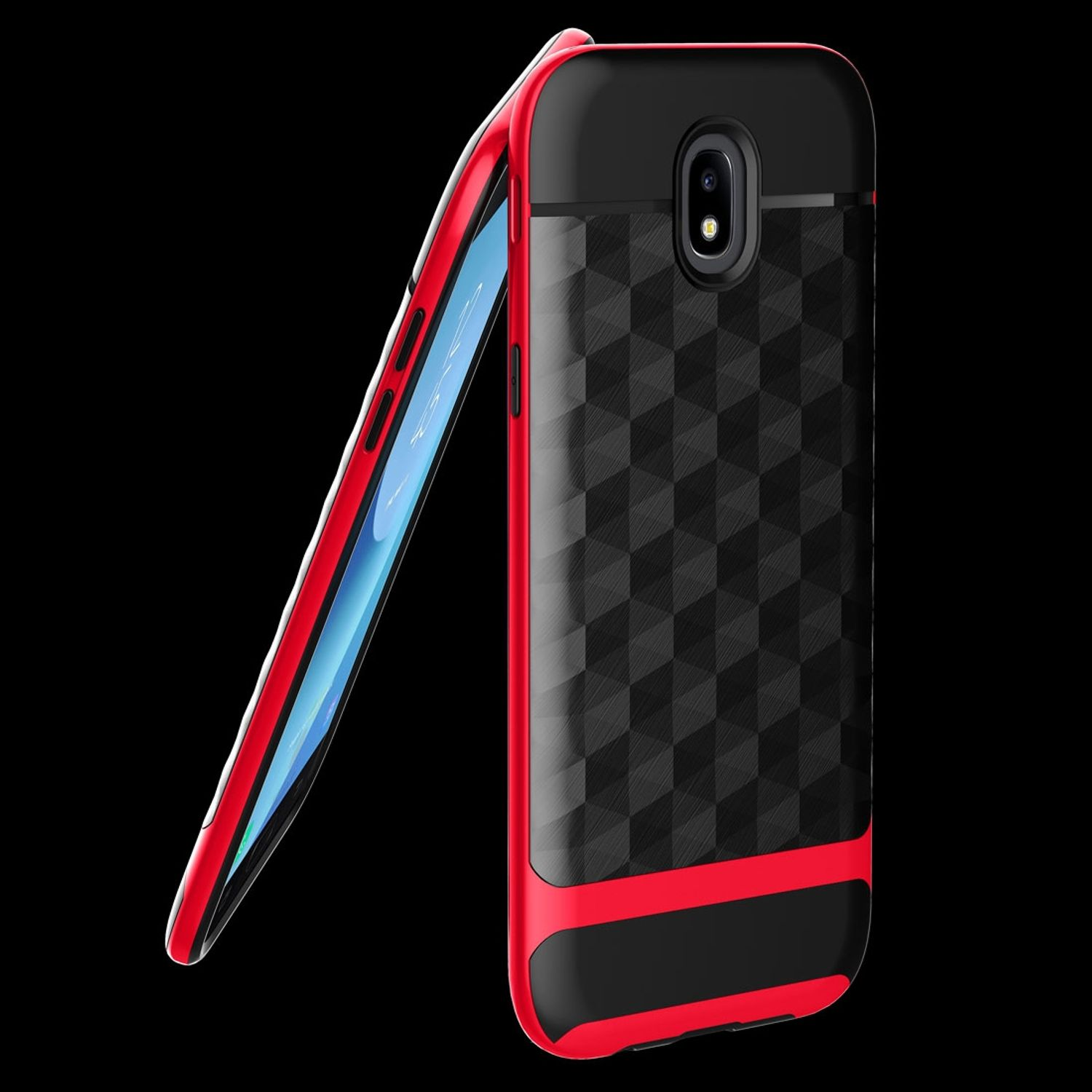 Rote und schwarze Handyhülle mit geometrischem Muster. Ein Telefon ist teilweise eingesetzt. Der Hintergrund ist schwarz.