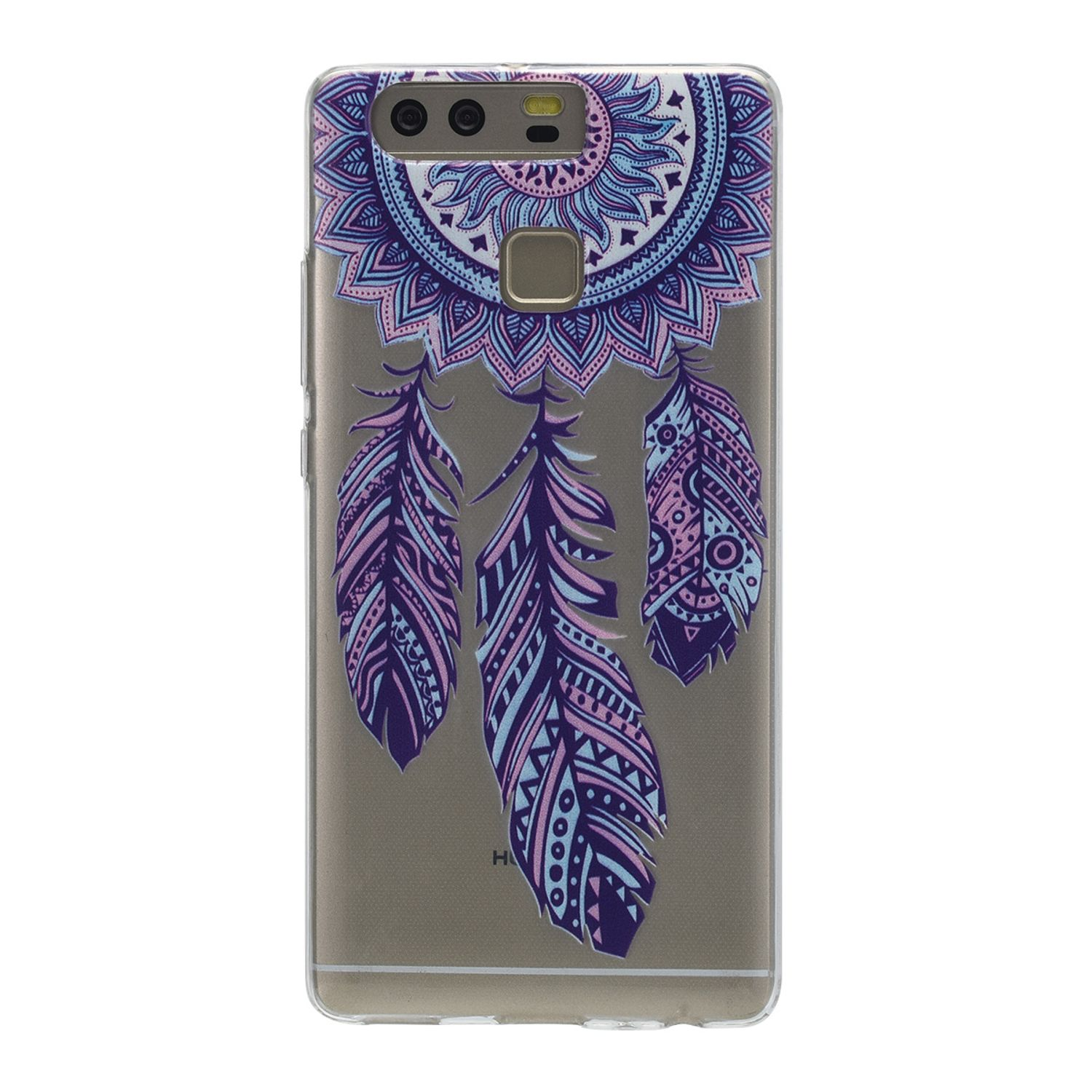 Transparente Handyhülle mit Mandala- und Federdesign. Das Telefon ist im Inneren sichtbar.