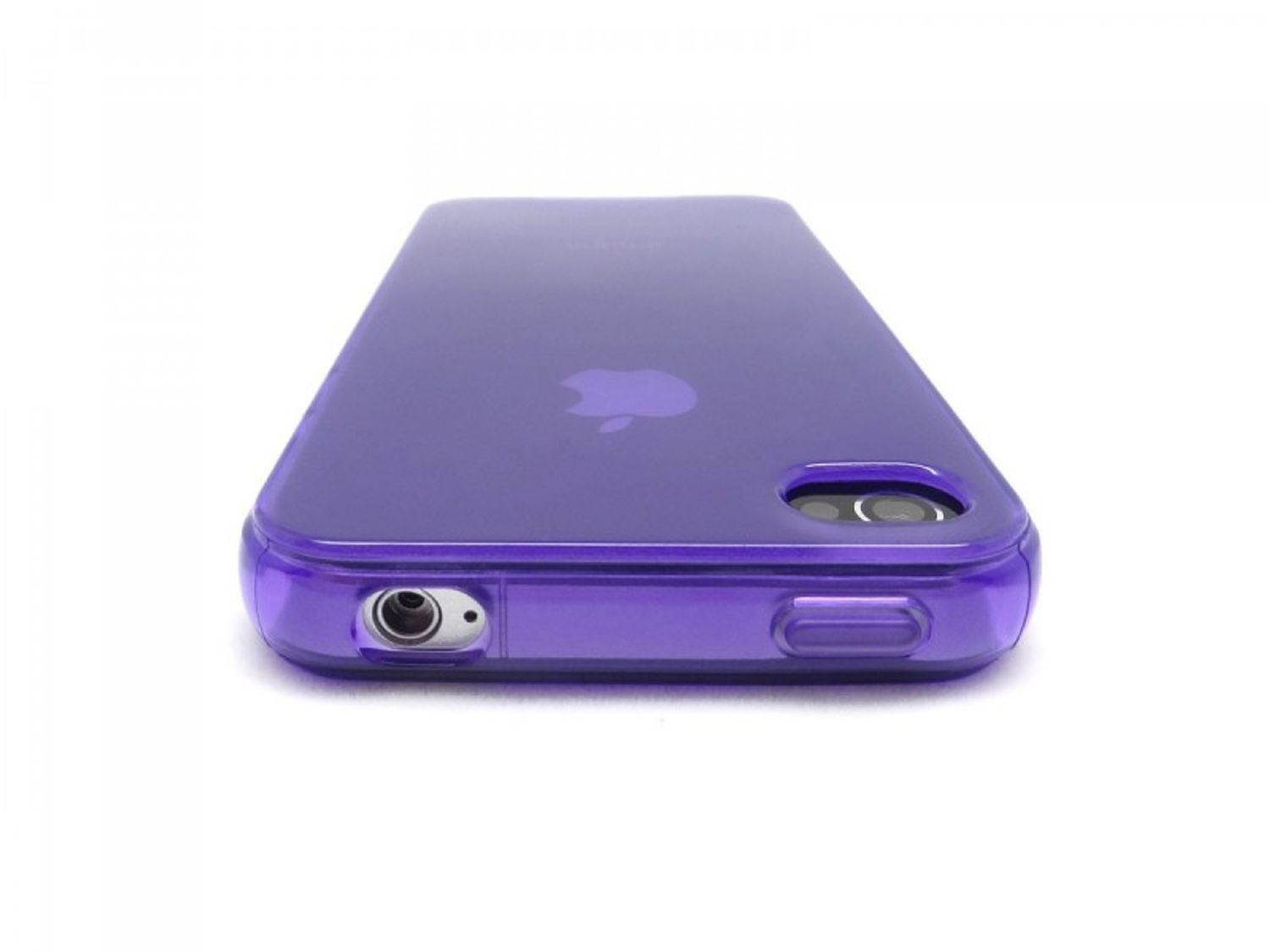 Violette iPhone-Hülle auf weißer Oberfläche. Mit Apple-Logo und Anschlussöffnungen.