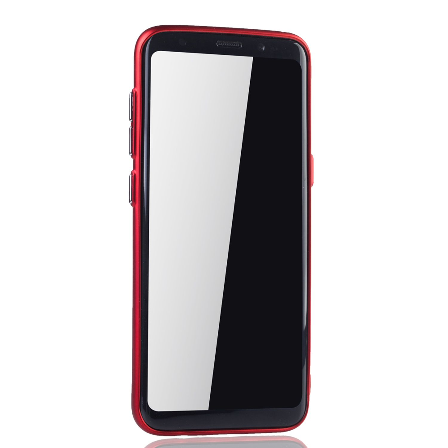 Rotes Telefon in einer Hülle mit schwarzem Bildschirm. Schräge Ansicht. Weißer Hintergrund.