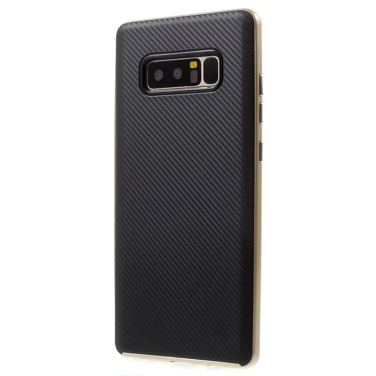 Schwarze Handyhülle mit Carbonfaser-Textur und goldenen Kanten, mit Kameraausschnitt.
