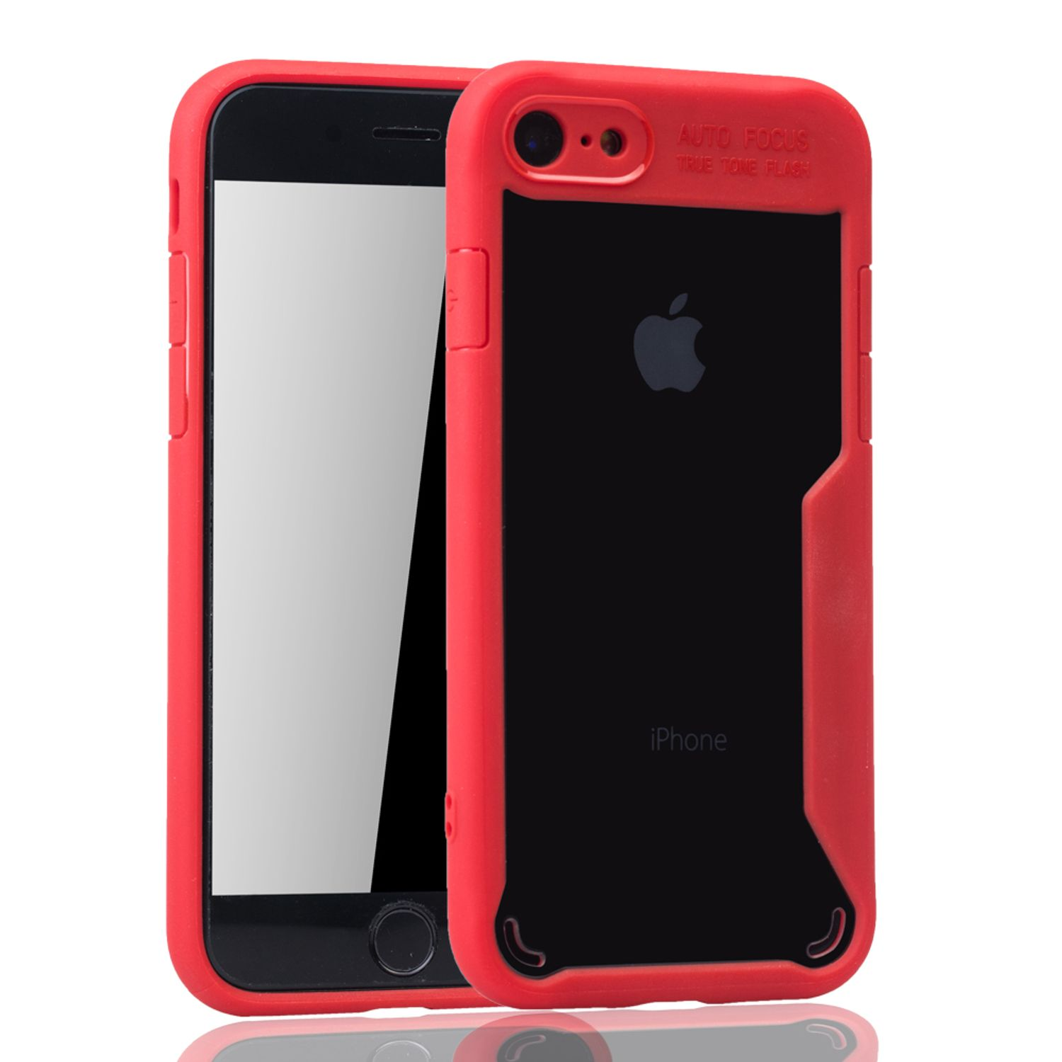 Rote Handyhülle mit schwarzem Telefon darin. Apple-Logo. Text an der Seite.