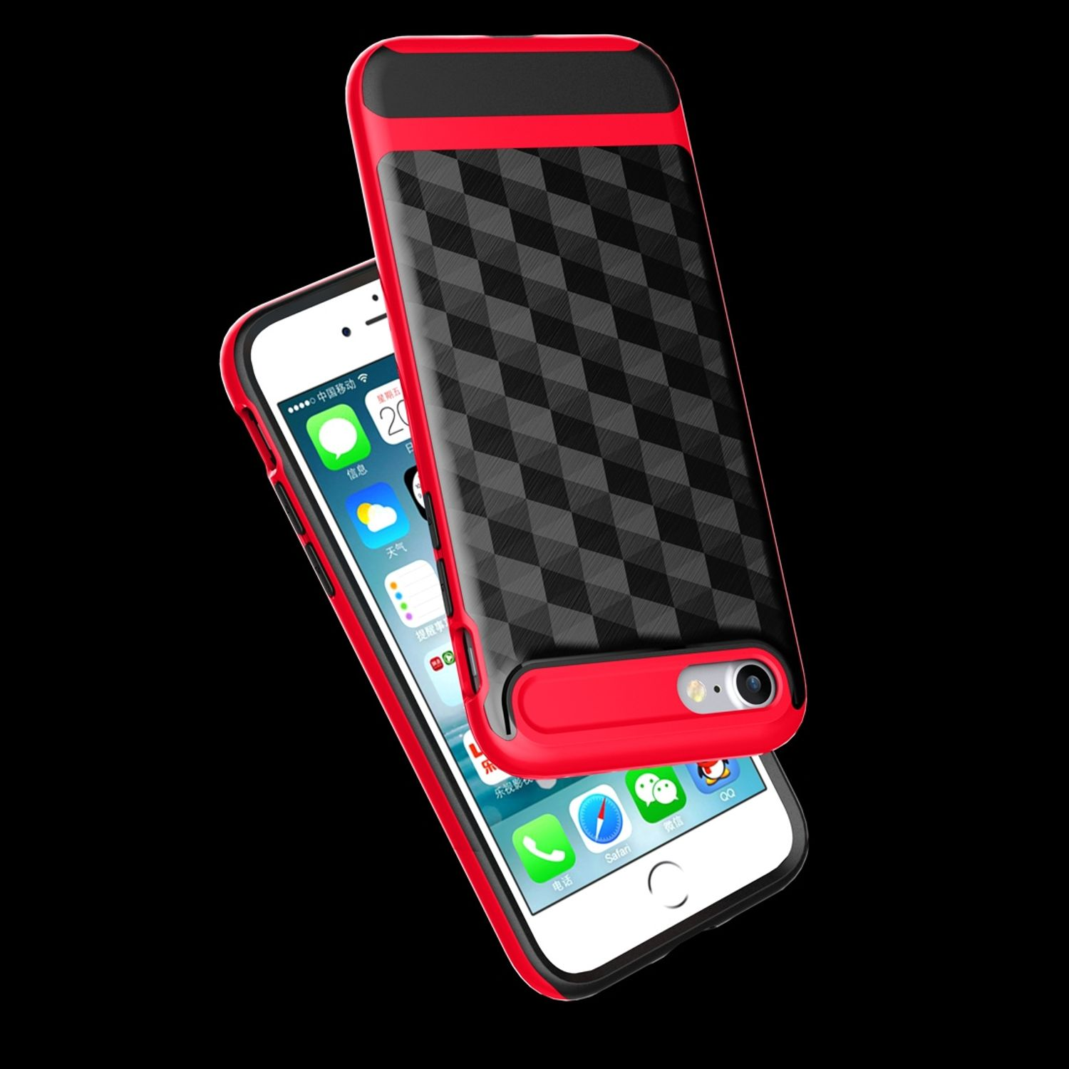 Rote und schwarze Handyhülle mit einem Telefon, schwarzer Hintergrund.