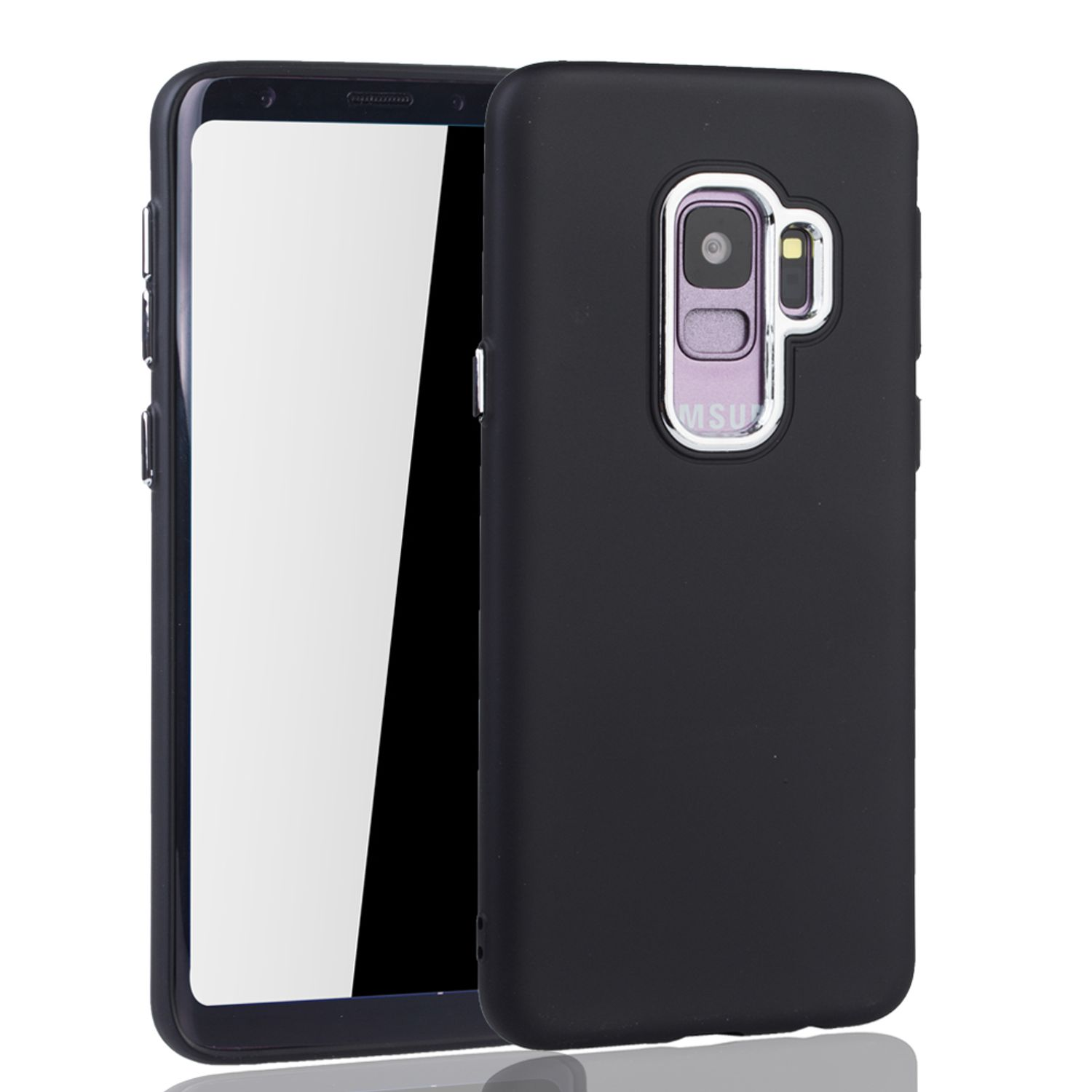 Eine schwarze Handyhülle mit einem Telefon darin. Die Kamera ist sichtbar. Weißer Hintergrund.