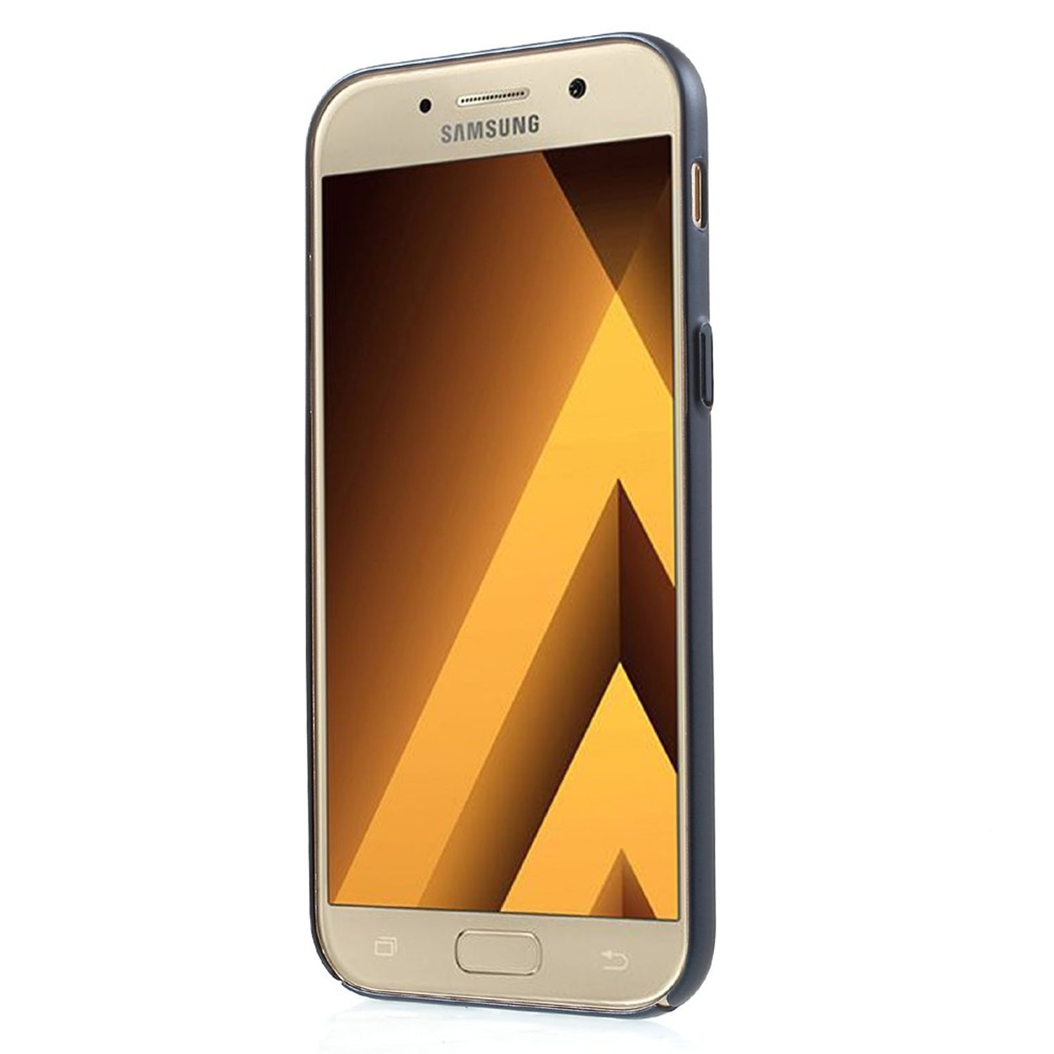Goldenes Samsung-Handy in schwarzem Gehäuse vor weißem Hintergrund, mit braunem Farbverlauf auf dem Bildschirm.