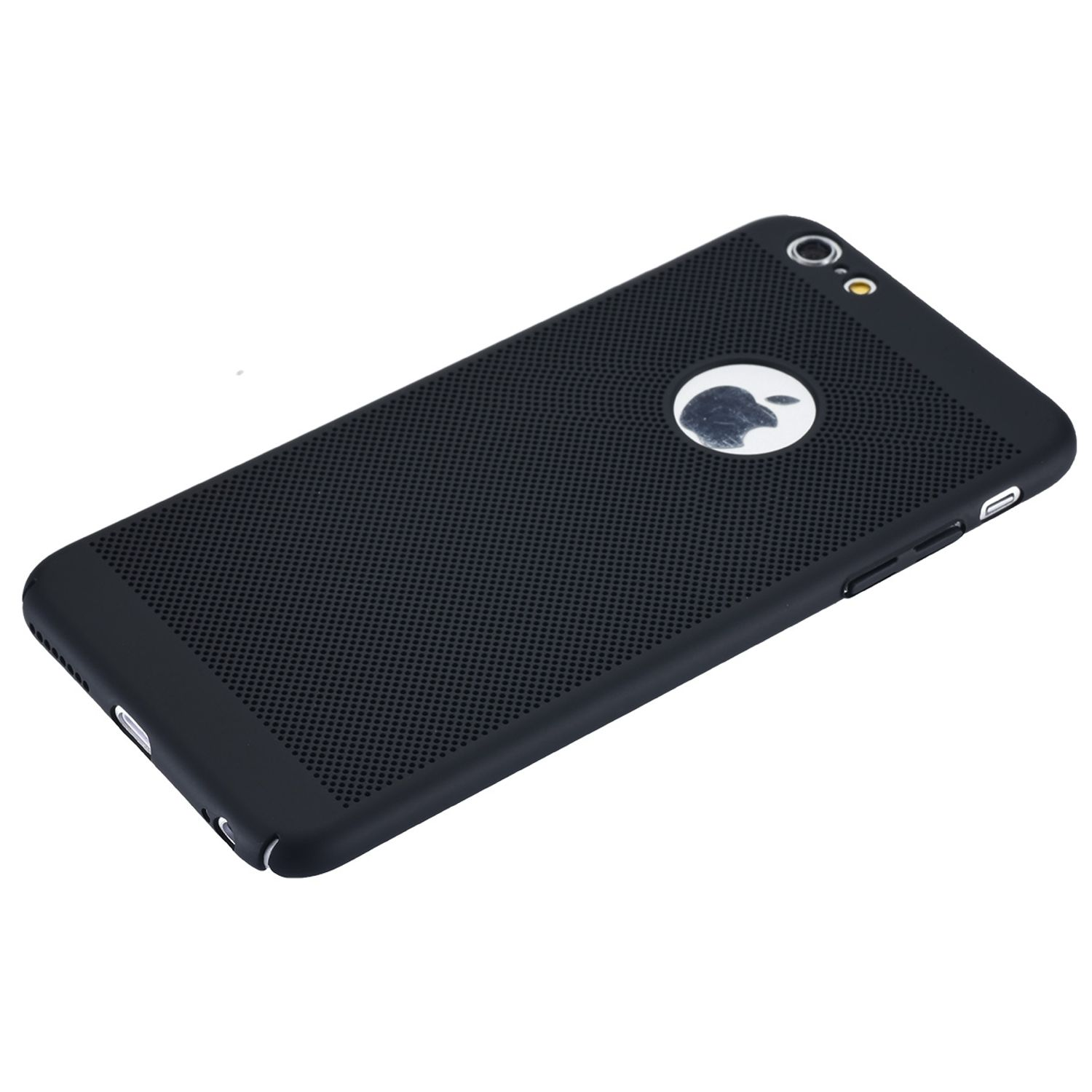 Schwarze Handyhülle mit perforierter Rückseite und Apple-Logo.
