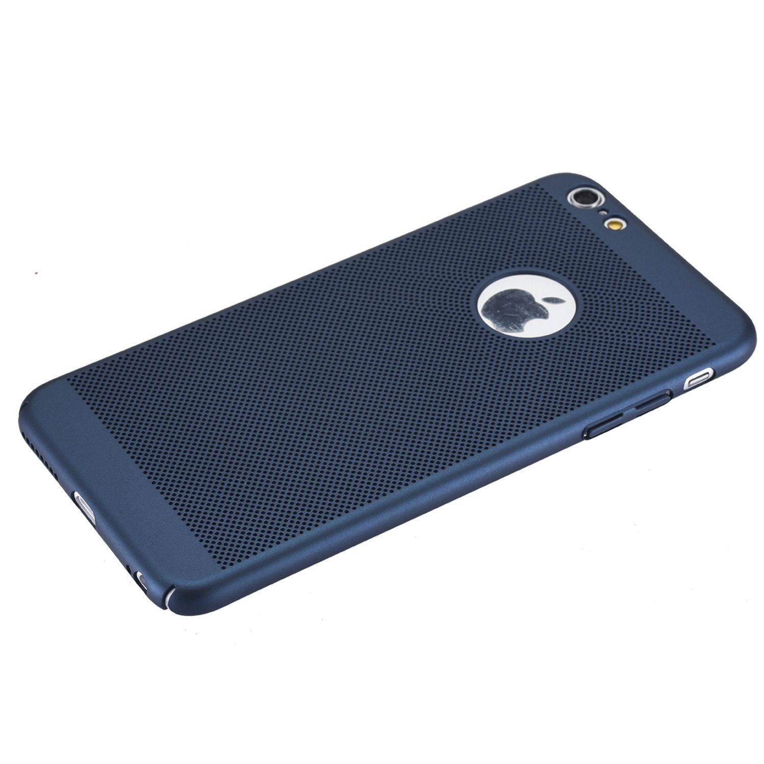Blaue Telefonrückseite mit kleinen Löchern und Apple-Logo. Weißer Hintergrund.