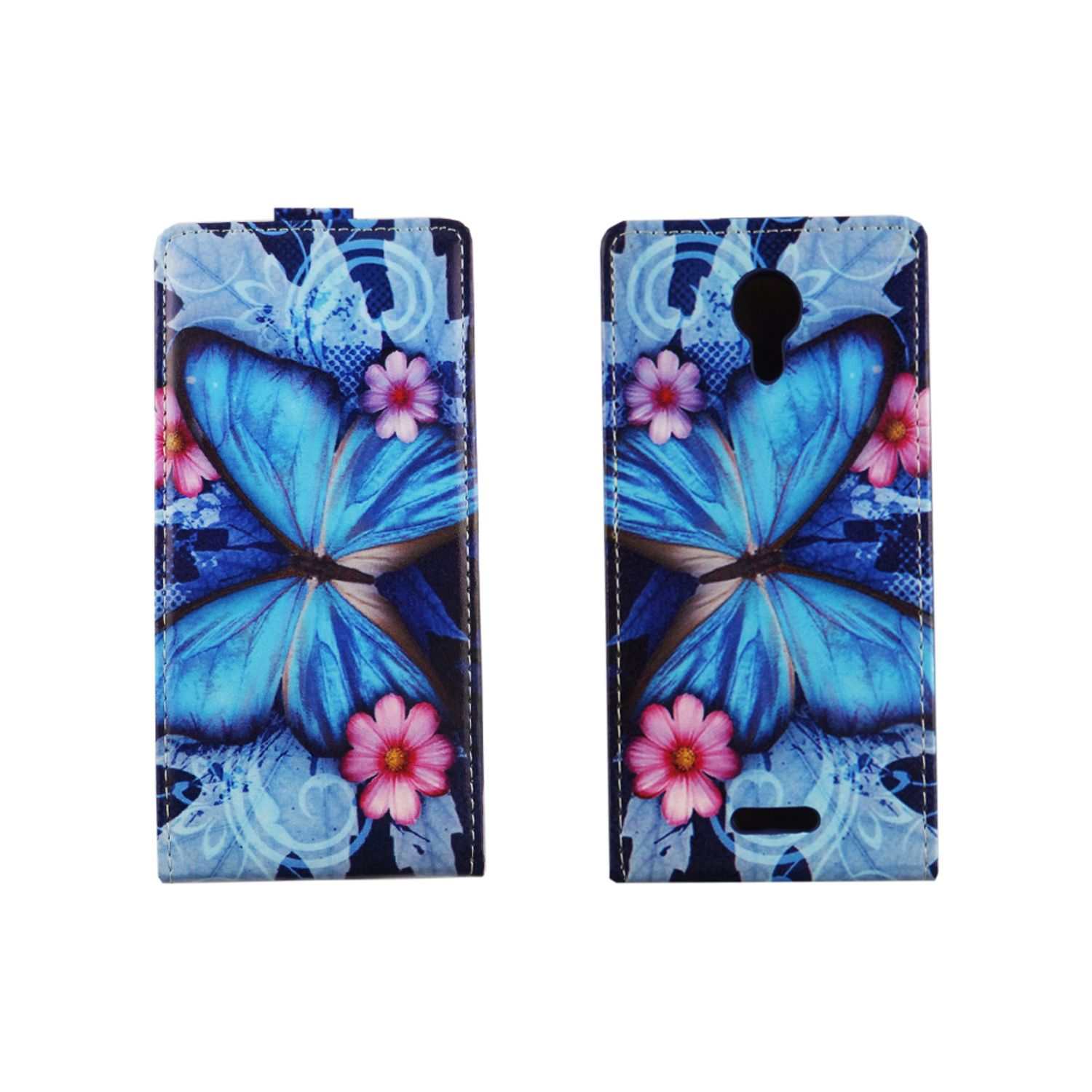 Zwei offene Handyhüllen mit blauem Schmetterling und rosa Blumen auf weißem Hintergrund.