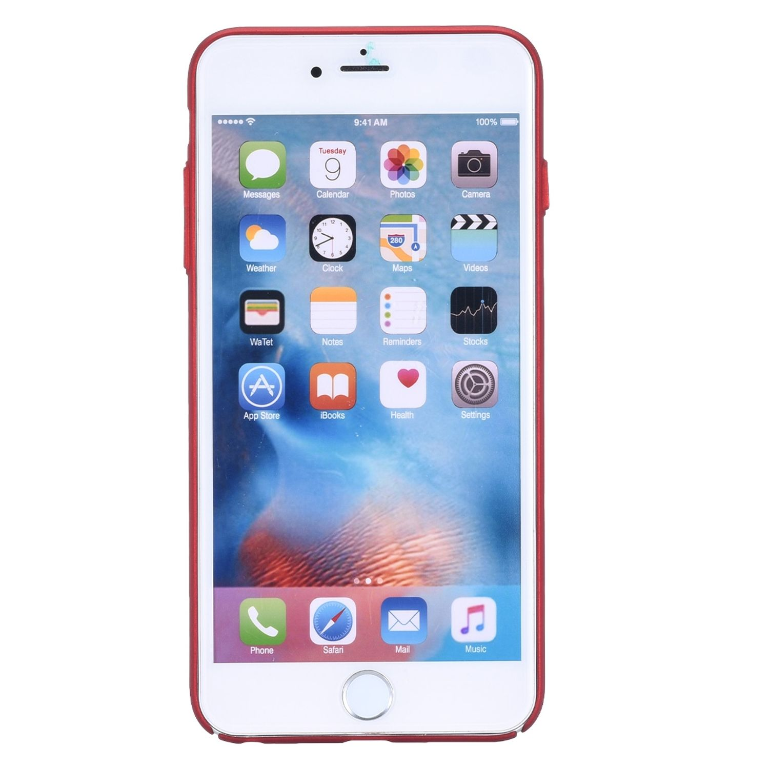 iPhone mit roter Hülle. Der Bildschirm zeigt App-Symbole. Oben werden Datum und Uhrzeit angezeigt.
