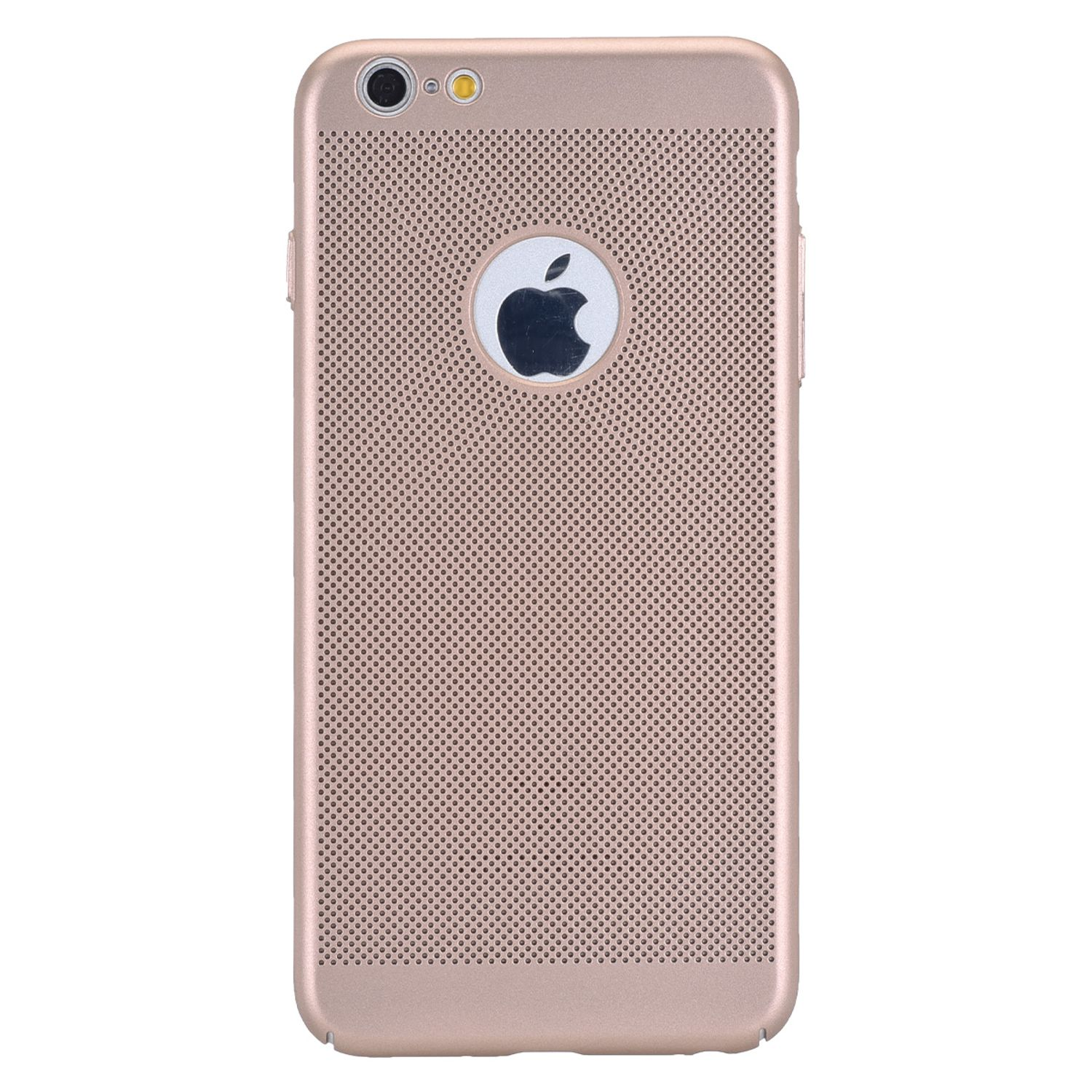 Roségoldfarbene Handyhülle mit perforierter Rückseite und Apple-Logo, isoliert auf Weiß.