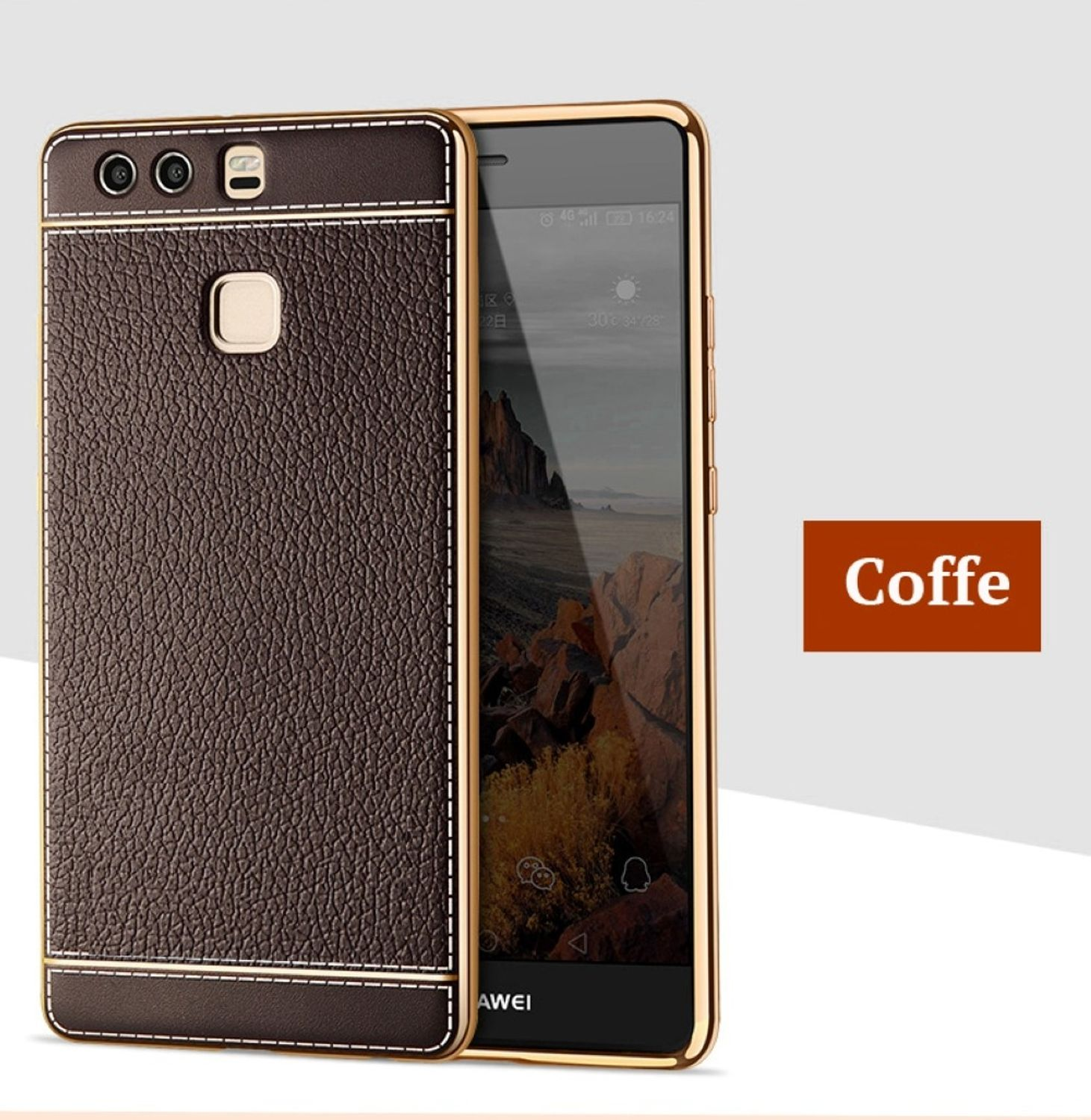 Braune Handyhülle mit goldenem Rand, auf einem Telefon mit dem Text 'Coffee'.