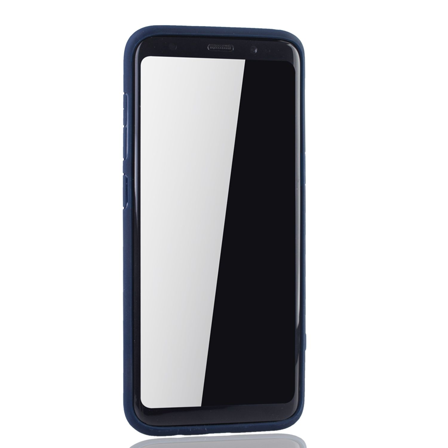 Blaue Handyhülle mit einem Telefon mit weißem Bildschirm. Das Gehäuse hat Kamera- und andere Öffnungen.