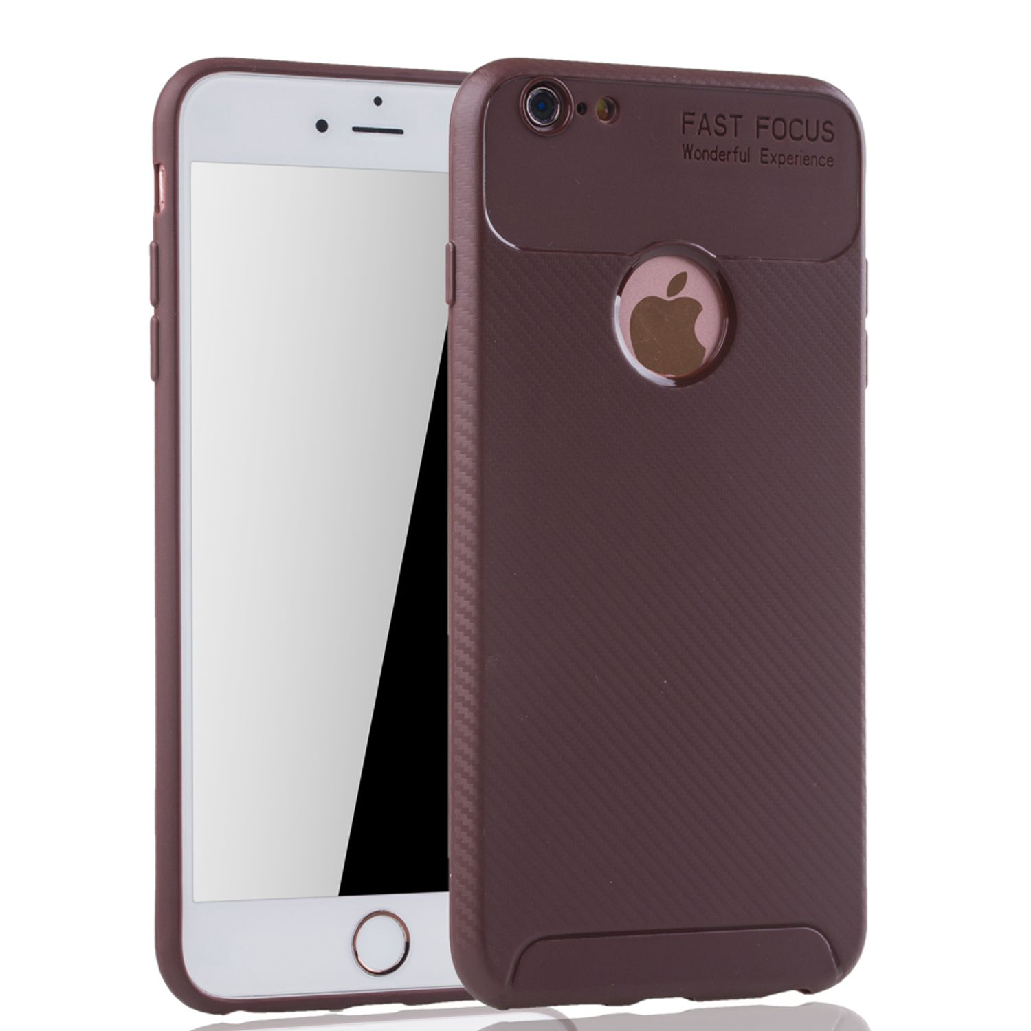 Eine braune Handyhülle mit den Worten 'FAST FOCUS' und dem Apple-Logo neben einem weißen Telefon.