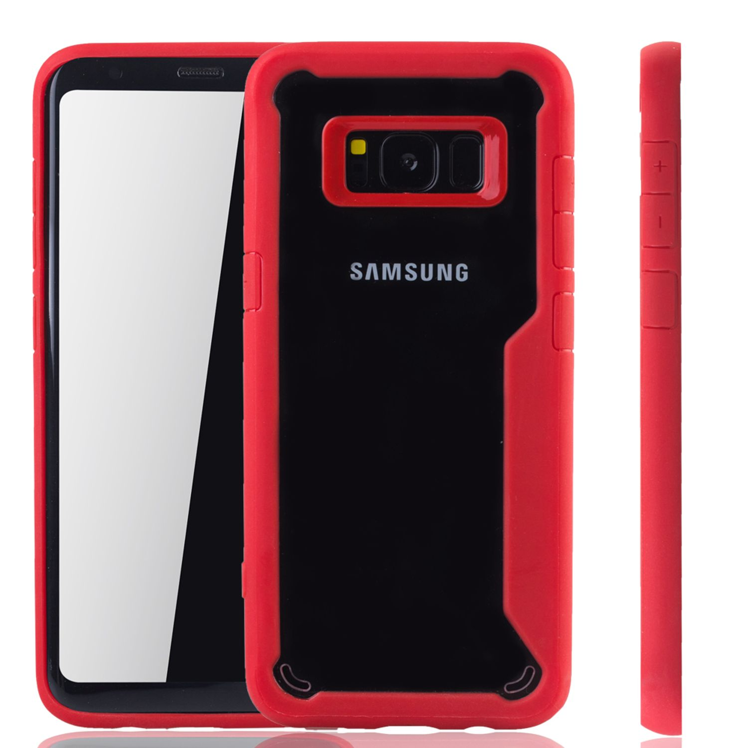 Rote Handyhülle mit schwarzer Rückseite, neben einem Telefon mit weißem Bildschirm.