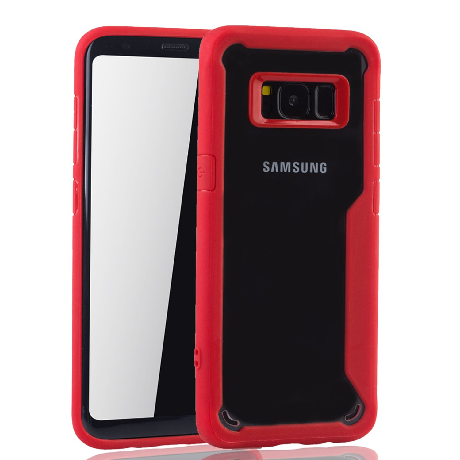 Rote und schwarze Handyhülle mit einem Telefon darin. Das Telefon hat einen weißen Bildschirm. Auf der Hülle steht SAMSUNG.