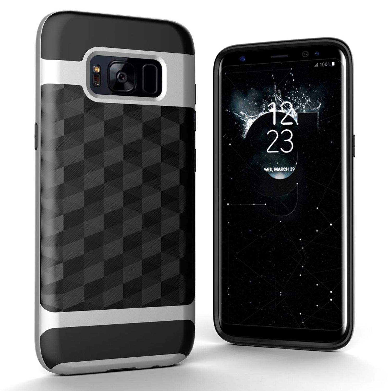 Ein Telefon und seine Hülle. Hülle ist schwarz & silber mit Diamantmuster, Telefon zeigt Zeit.