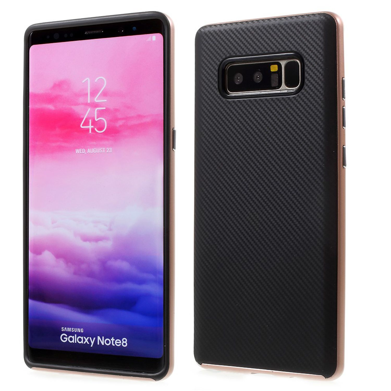 Schwarze Handyhülle mit einem schwarzen Telefon. Weißer Hintergrund.