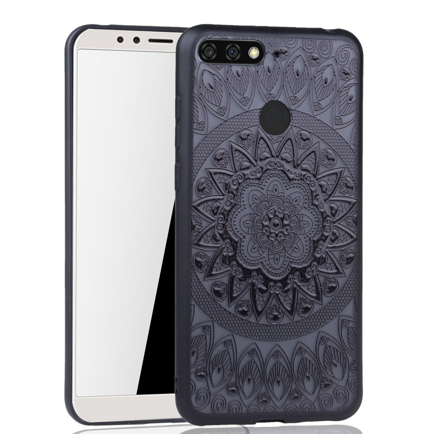 Telefonhülle auf einem Telefon, schwarz mit Mandala-Design. Telefon ist weißer Bildschirm, schwarzer Rahmen.
