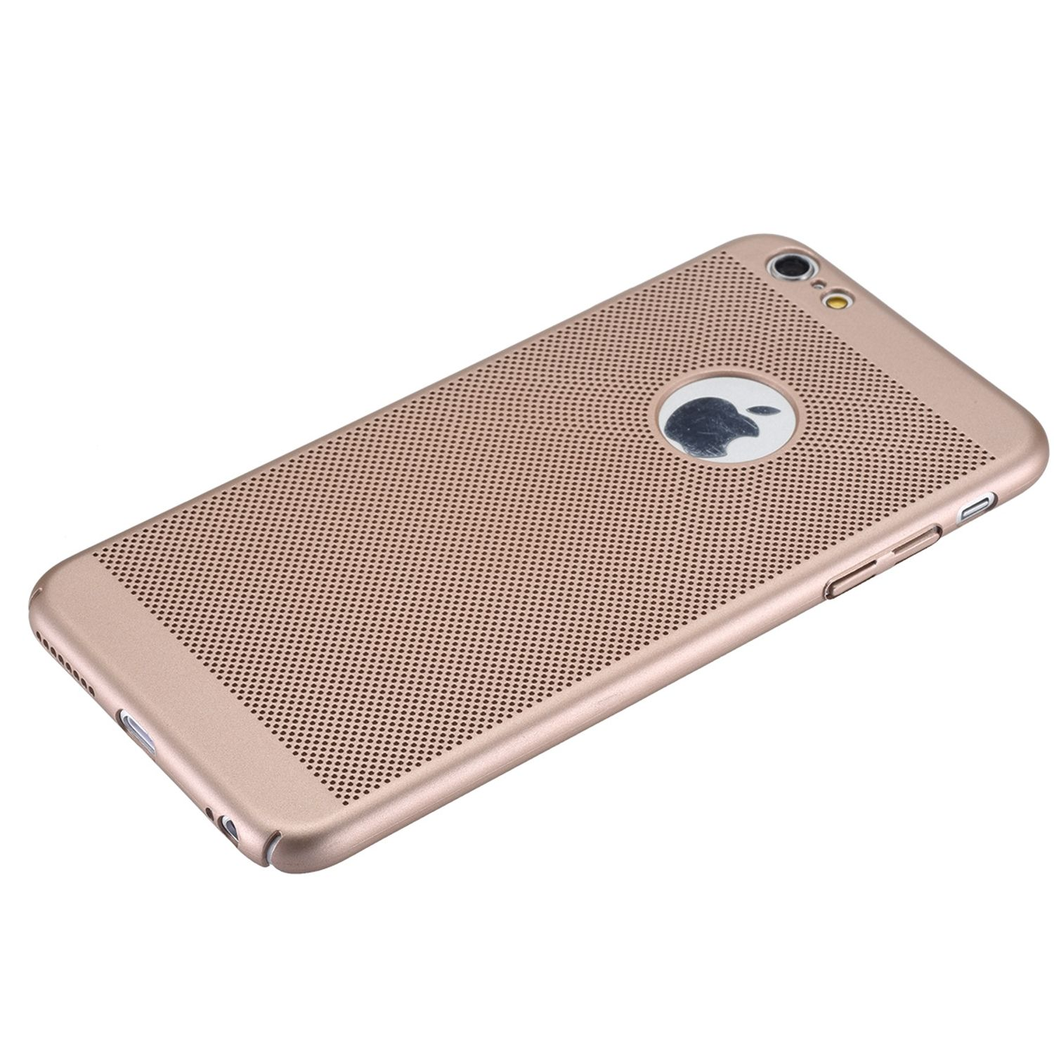 Goldene Handyhülle mit perforiertem Design. Die Oberfläche ist goldfarben.