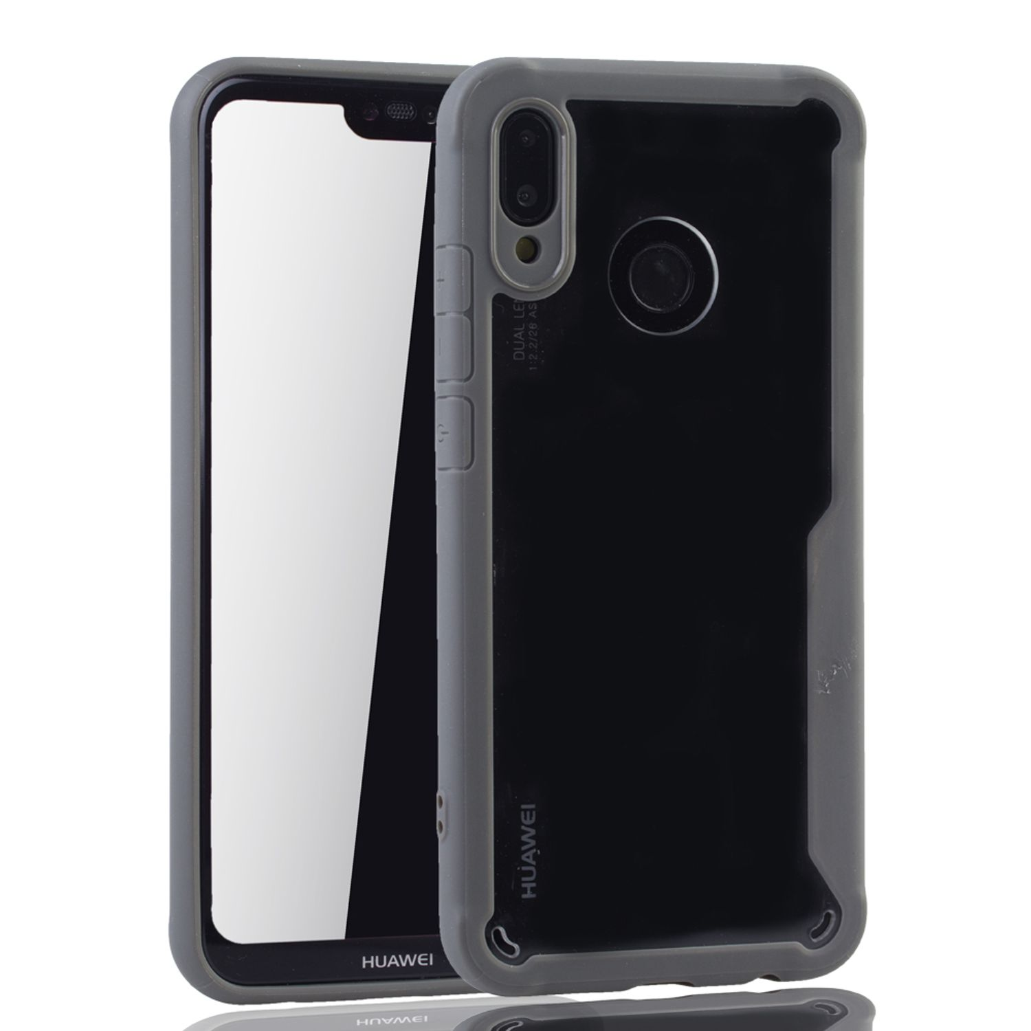 Ein schwarzes Telefon mit grau-schwarzer Hülle. Telefon und Hülle liegen auf weißem Untergrund mit Reflexion.