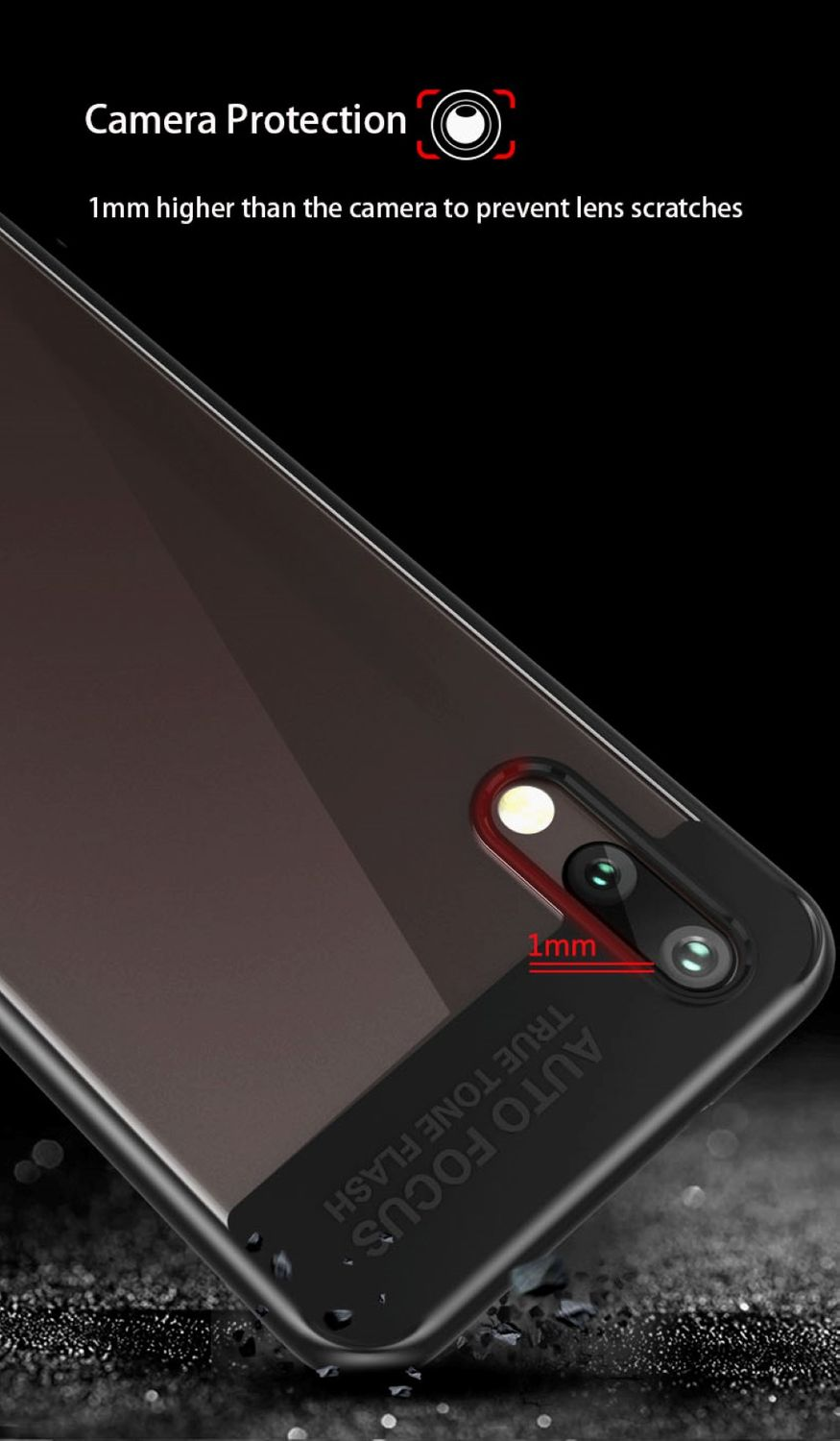 Nahaufnahme der Rückseite eines Telefons mit Kameralinsen. Text hebt Linsenschutz mit 1mm Höhe hervor.