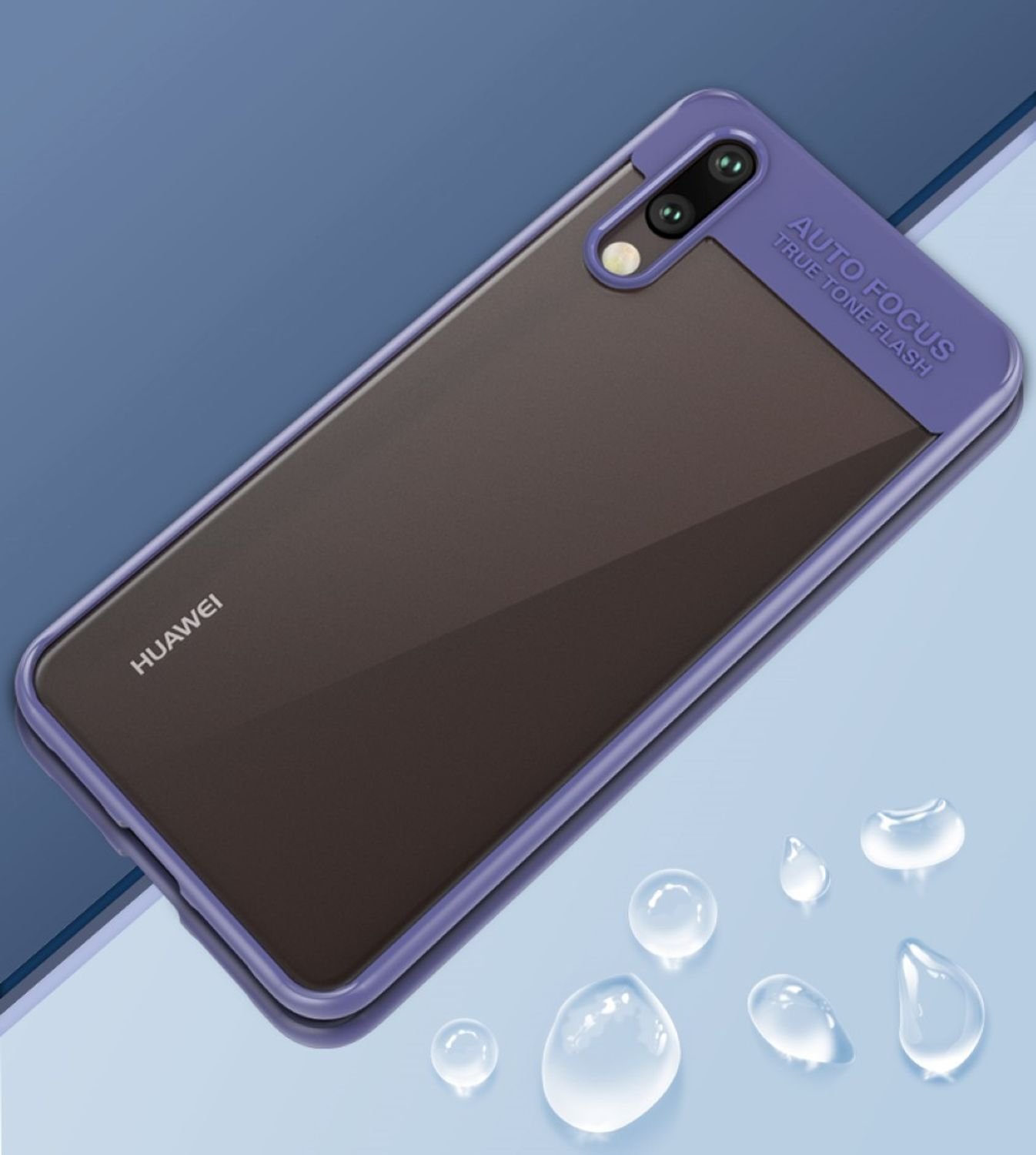 Lila umrandete Handyhülle auf einem Telefon. Auf dem Gehäuse steht 'HUAWEI' und es hat einen lila Kamerabereich.