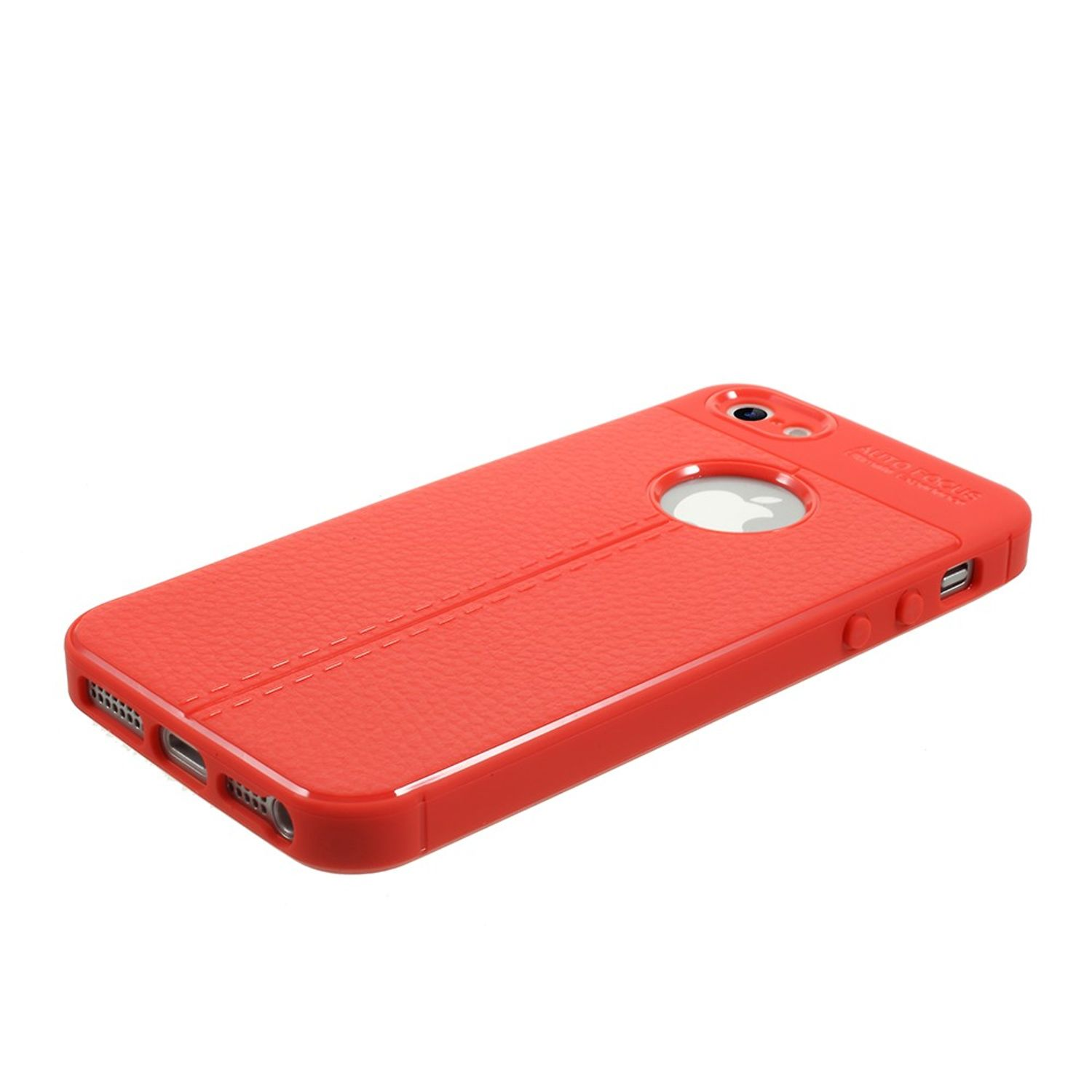 Rote Handyhülle mit strukturierter Oberfläche. Mit Kamera- und Apple-Logo-Ausschnitt.